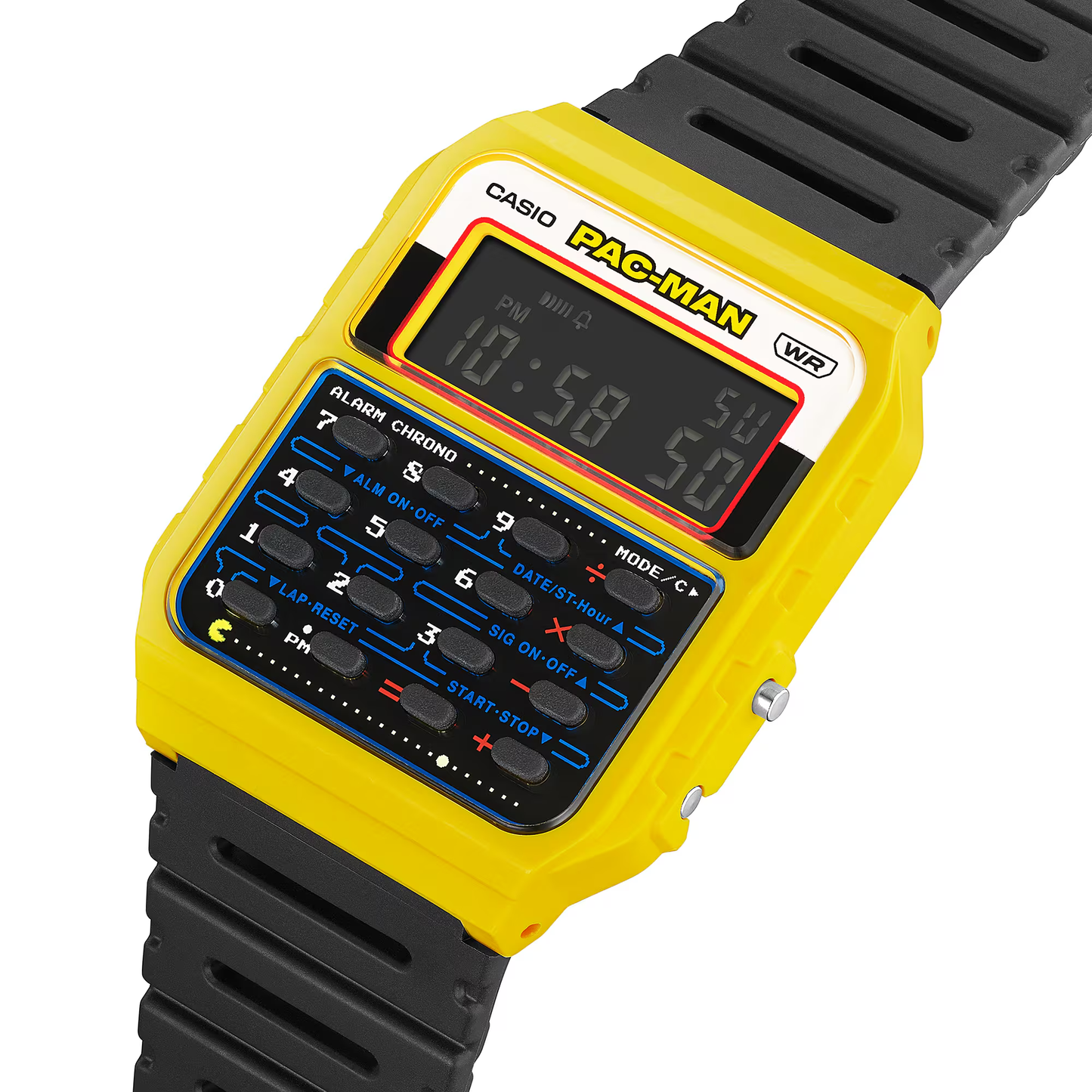 Casio CA53WPC-1B PAC-MAN collaboration watch. Retro arcade-inspired design with an 8-digit calculator, dual time, water resistance, and bio-based resin band. Engraved PAC-MAN case back adds nostalgic charm.