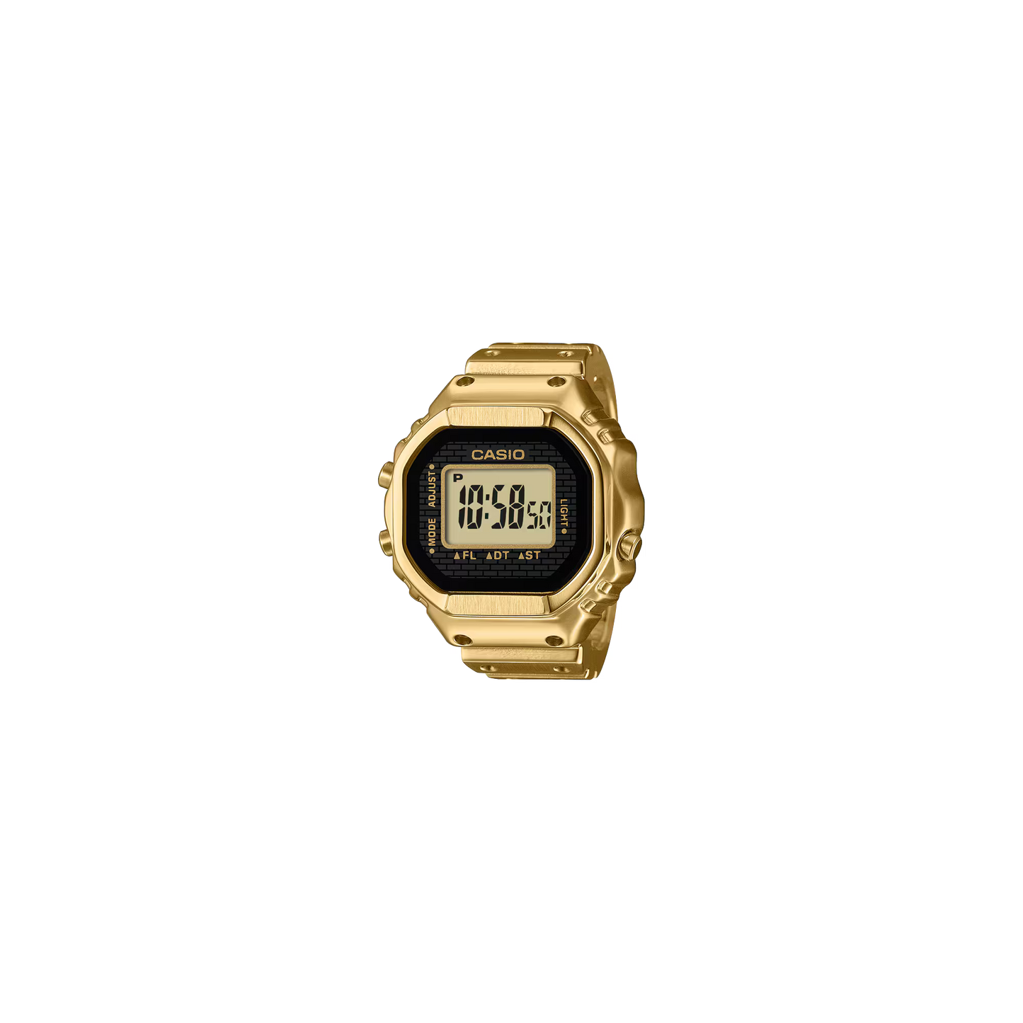 Casio CRW001G-9 gold-tone ring watch featuring gold ion plated stainless-steel construction, digital display, dual time, 1/100-second stopwatch, LED white backlight, flash alert, auto-calendar, mineral glass, water-resistant design, lightweight 16 g build, and adjustable fit with included size spacers.