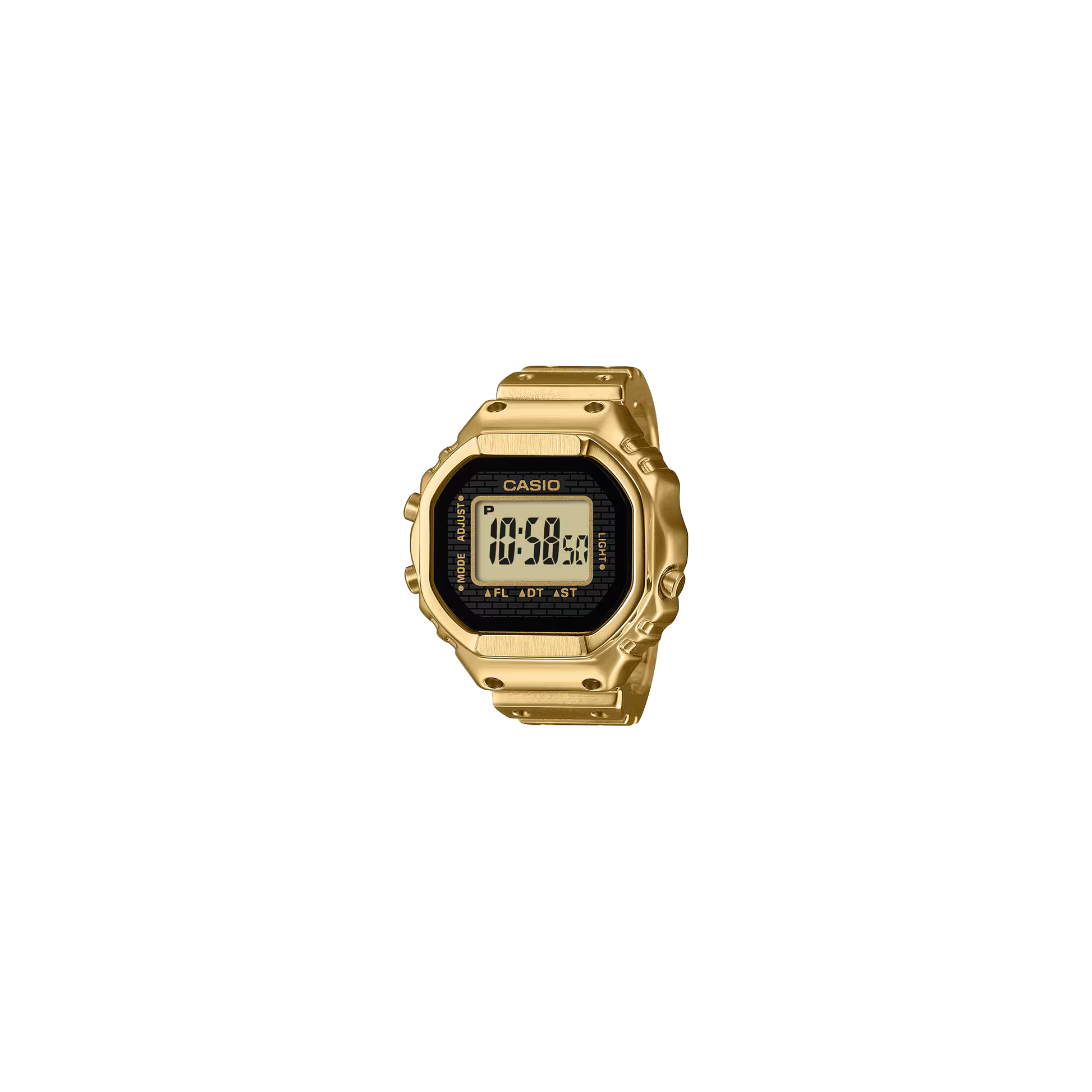 Casio CRW001G-9 gold-tone ring watch featuring gold ion plated stainless-steel construction, digital display, dual time, 1/100-second stopwatch, LED white backlight, flash alert, auto-calendar, mineral glass, water-resistant design, lightweight 16 g build, and adjustable fit with included size spacers.