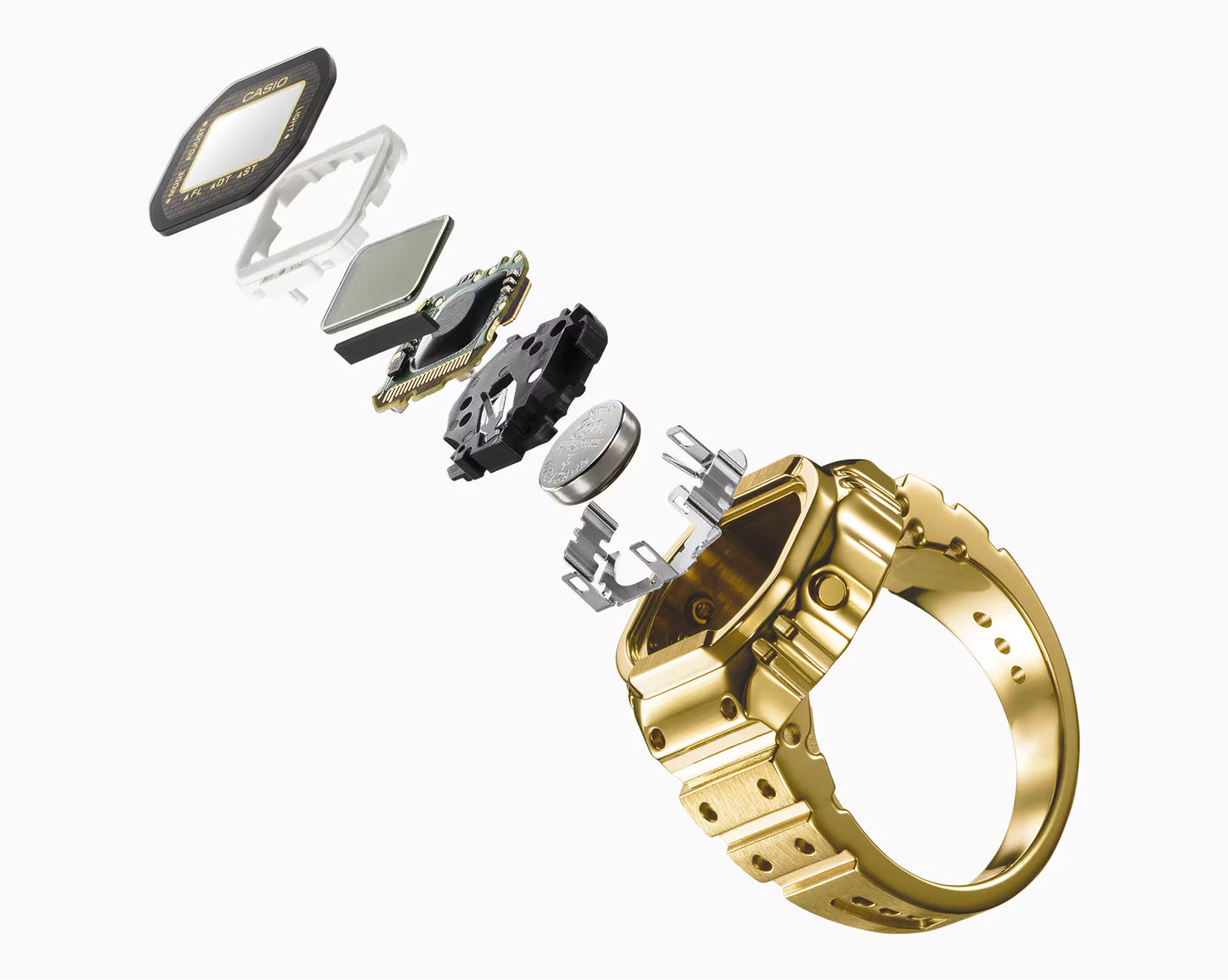 Gold ring with its components on a white background