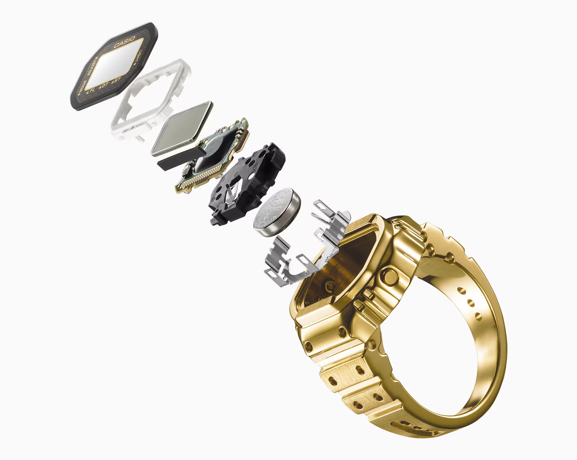 Gold ring with its components on a white background