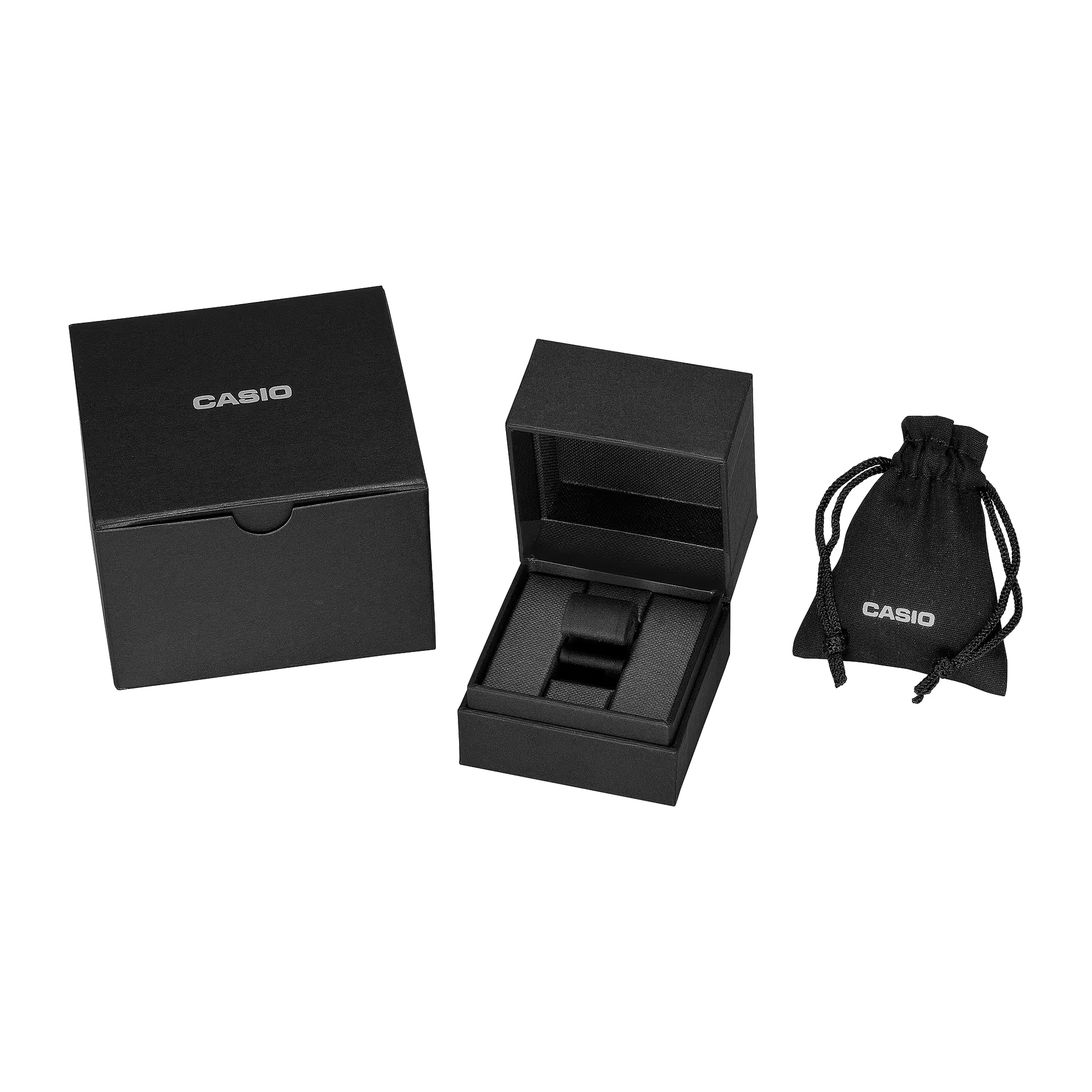 Casio watch packaging set with watch, box, and pouch on a white background