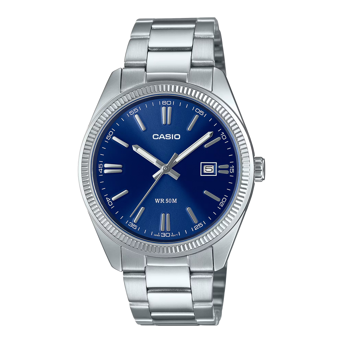 CASIO MTP1302D-2AVT blue dial stainless steel analog watch with luminous hands and markers, date display, mineral glass, and 50-meter water resistance.
