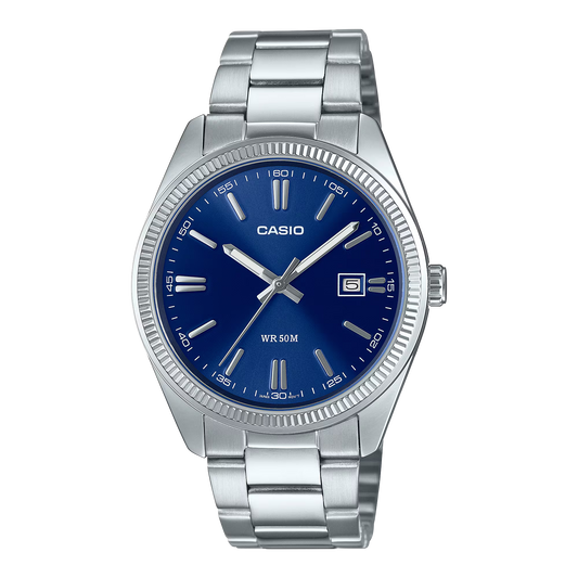 CASIO MTP1302D-2AVT blue dial stainless steel analog watch with luminous hands and markers, date display, mineral glass, and 50-meter water resistance.