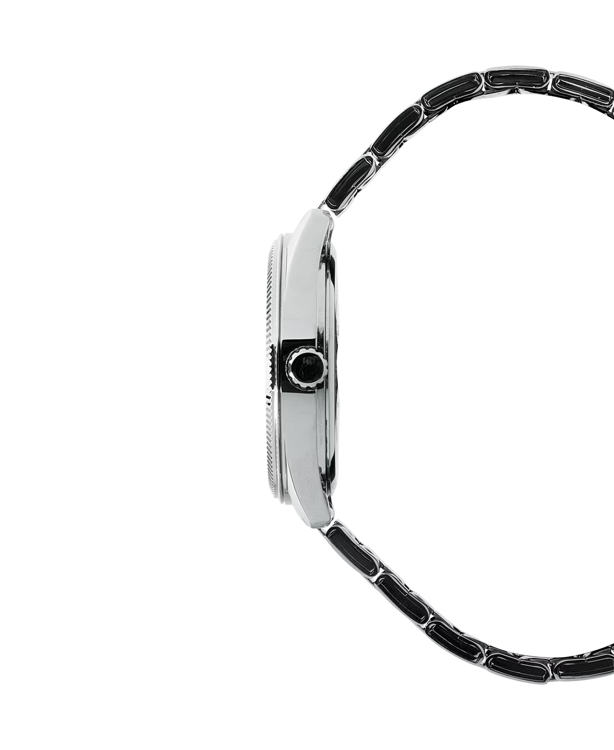 Side profile of the CASIO MTP1302D-2AVT showing its slim silver-tone case, textured bezel, crown, and stainless steel bracelet.