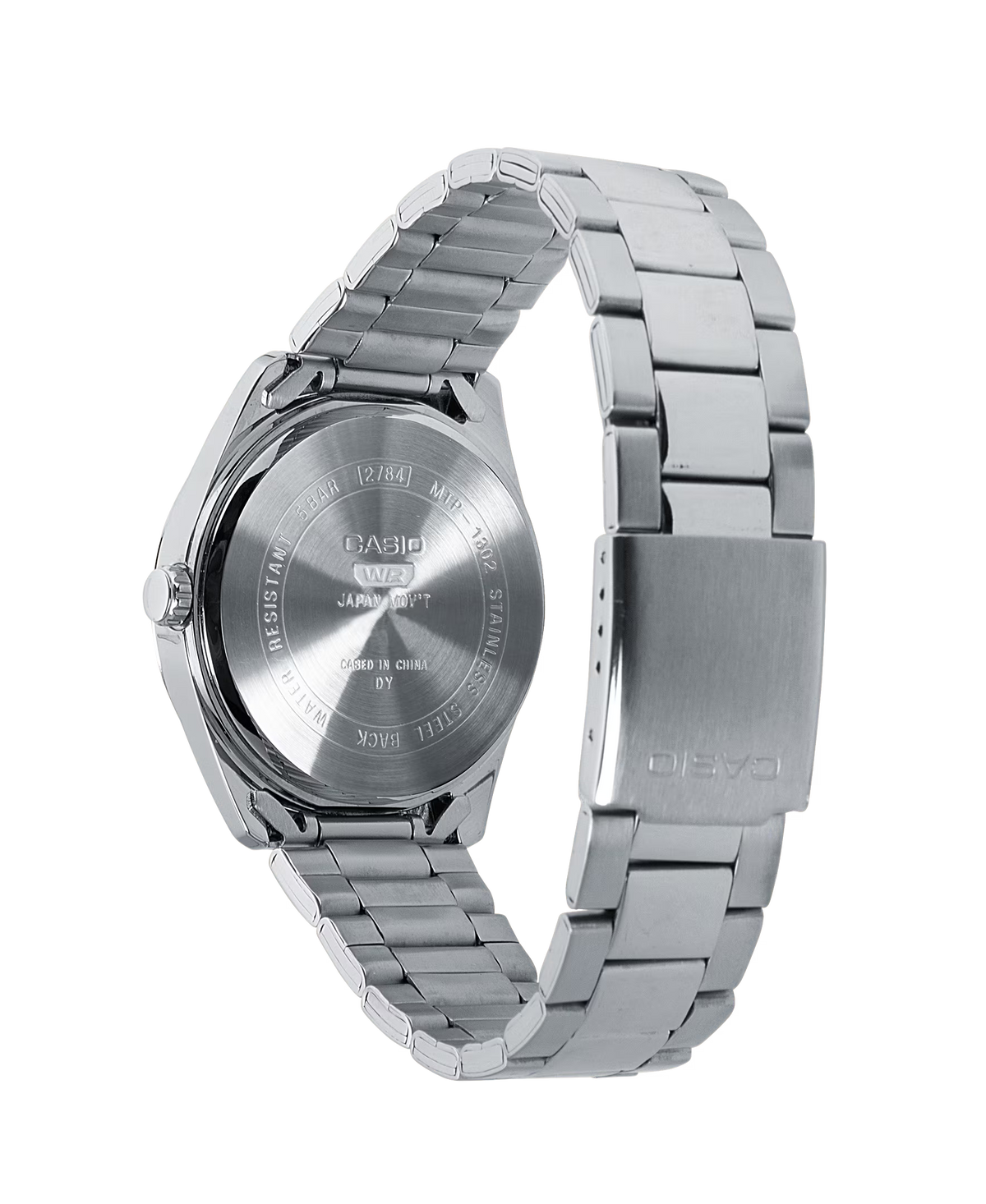 Rear view of the CASIO MTP1302D-2AVT stainless steel watch showing the case back, bracelet, and CASIO clasp.