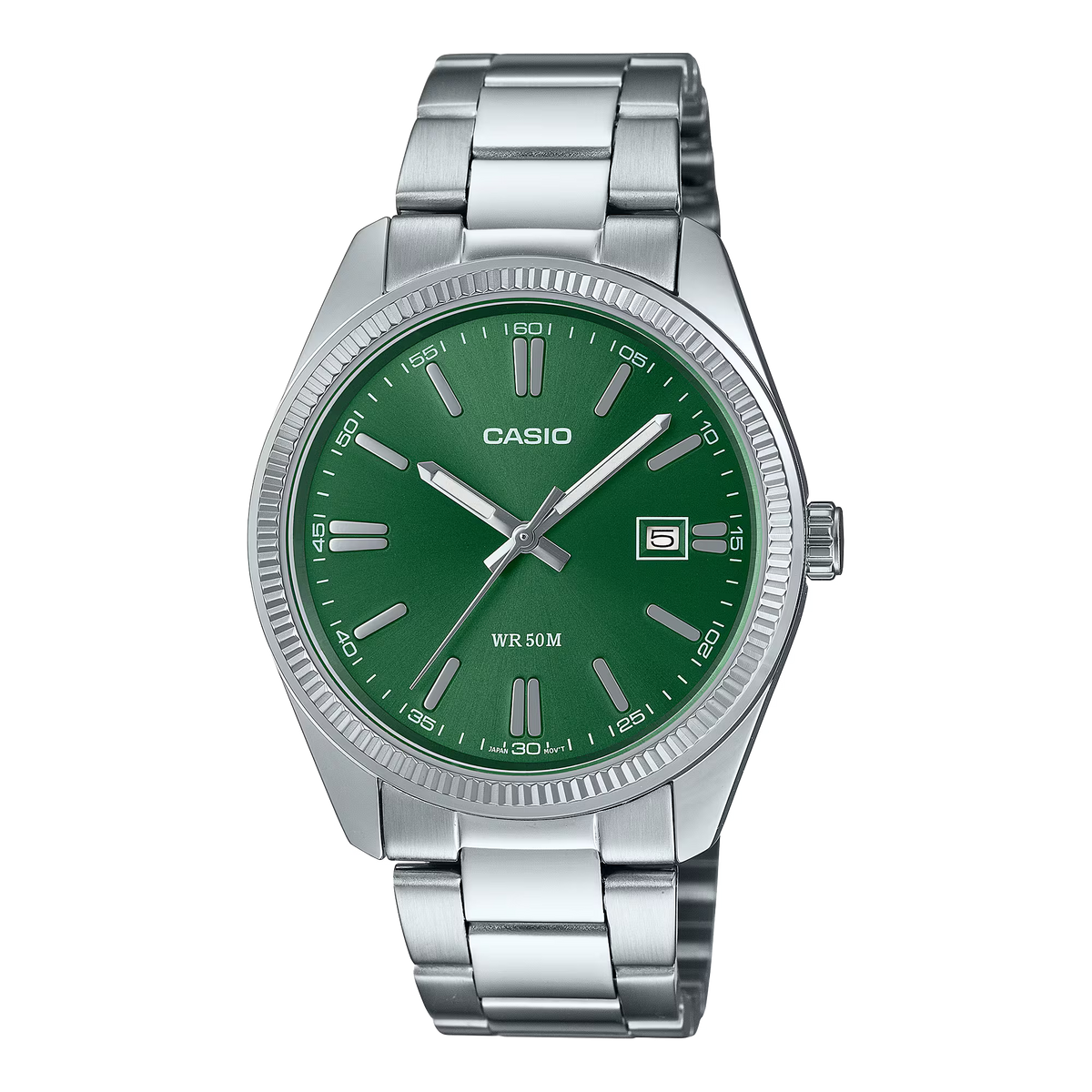 CASIO Vintage MTP1302D-3AVT stainless steel analog watch with green dial, luminous hands and markers, date display, mineral glass, and 50-meter water resistance