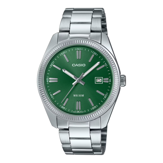 CASIO Vintage MTP1302D-3AVT stainless steel analog watch with green dial, luminous hands and markers, date display, mineral glass, and 50-meter water resistance