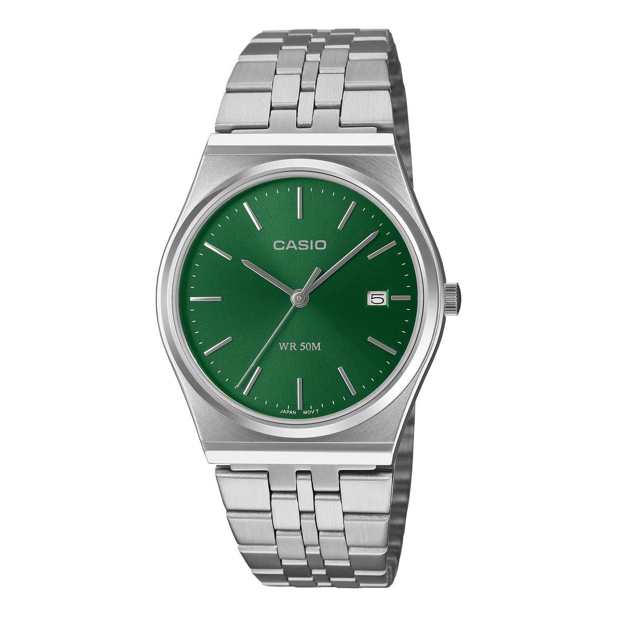 CASIO MTPB145DC-3AV retro stainless steel analog watch with green dial, date display, slim silver-tone case, stainless steel bracelet, and 50-meter water resistance.