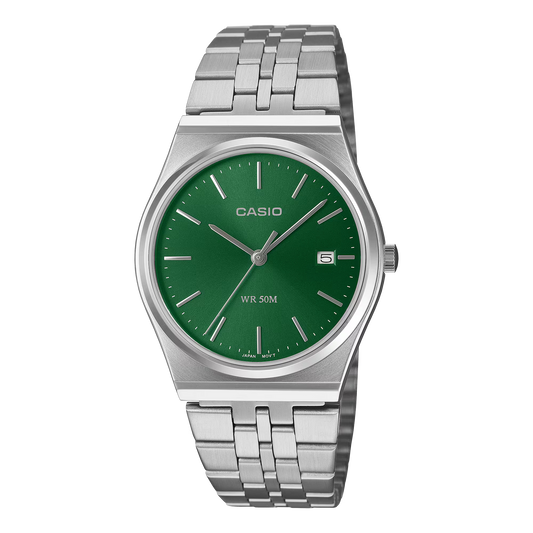 CASIO MTPB145DC-3AV retro stainless steel analog watch with green dial, date display, slim silver-tone case, stainless steel bracelet, and 50-meter water resistance.
