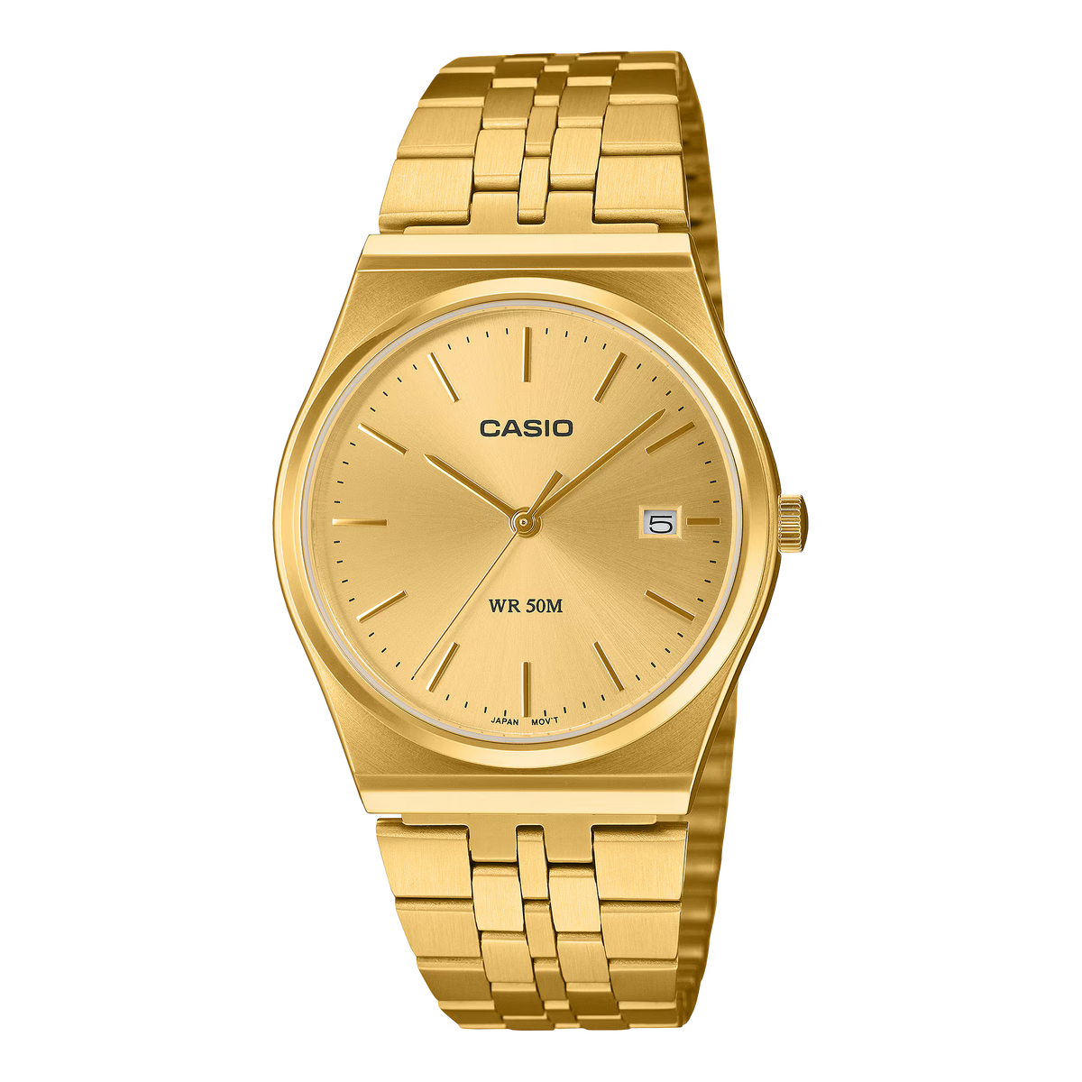 CASIO MTPB145GC-9AV gold-tone retro stainless steel analog watch with minimalist gold dial, date display, slim 7.4mm case, and 50-meter water resistance.
