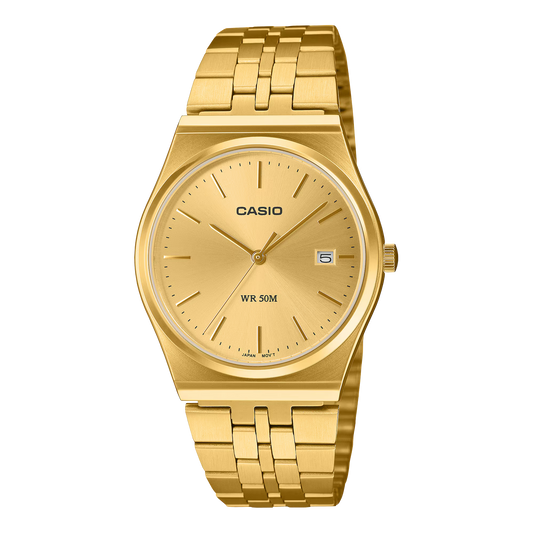 CASIO MTPB145GC-9AV gold-tone retro stainless steel analog watch with minimalist gold dial, date display, slim 7.4mm case, and 50-meter water resistance.