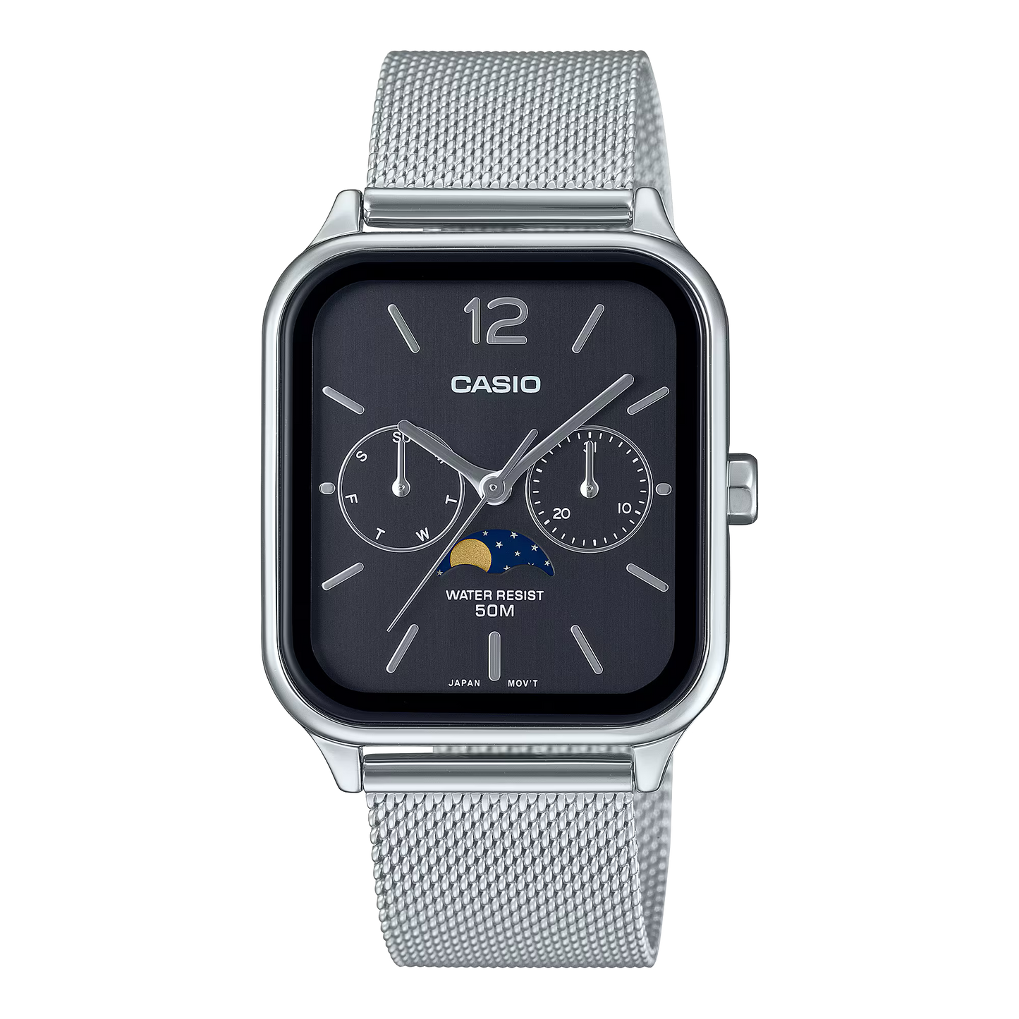 “Casio Standard MTPM305MC-1AV men’s analog watch with stainless steel rectangular case, black dial, moon phase display, date and day sub-dials, mineral glass, 50m water resistance, and stainless steel mesh band.