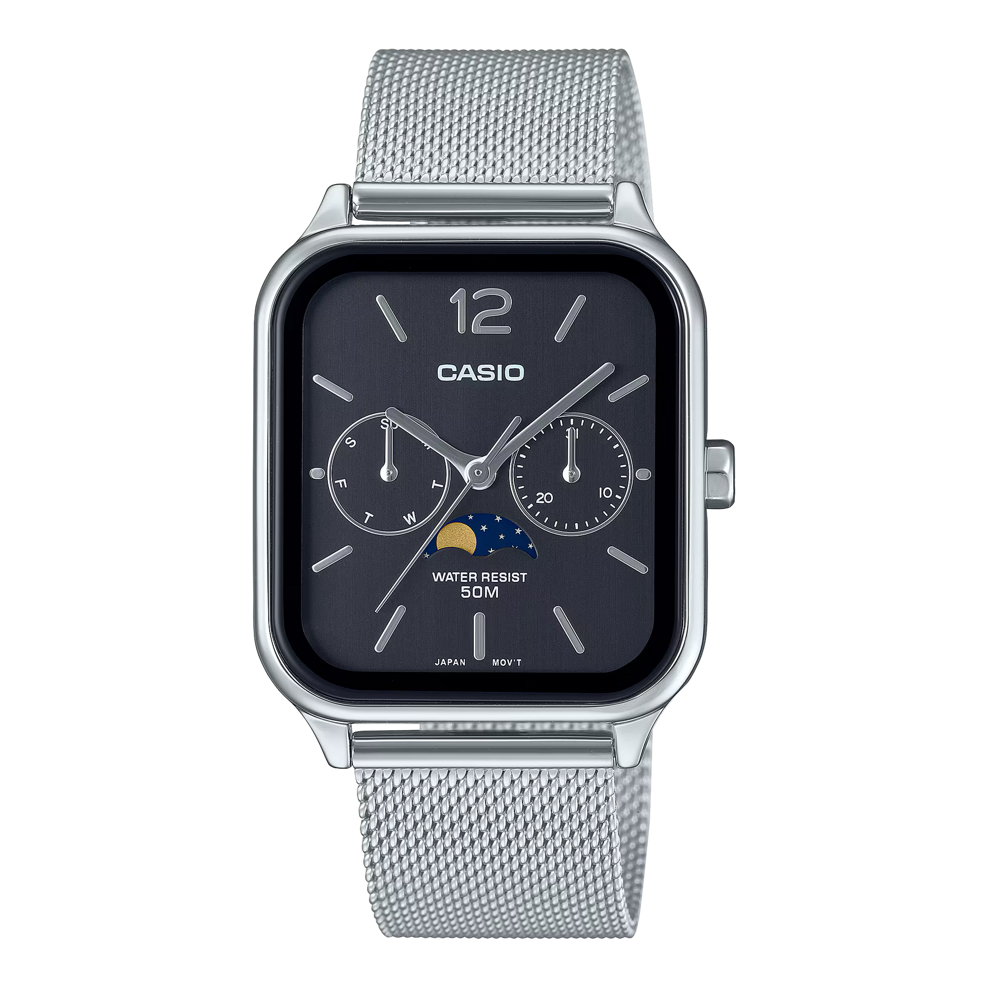 “Casio Standard MTPM305MC-1AV men’s analog watch with stainless steel rectangular case, black dial, moon phase display, date and day sub-dials, mineral glass, 50m water resistance, and stainless steel mesh band.