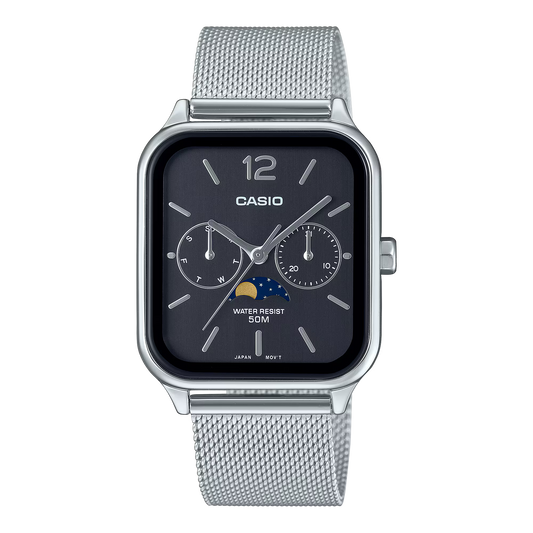 “Casio Standard MTPM305MC-1AV men’s analog watch with stainless steel rectangular case, black dial, moon phase display, date and day sub-dials, mineral glass, 50m water resistance, and stainless steel mesh band.
