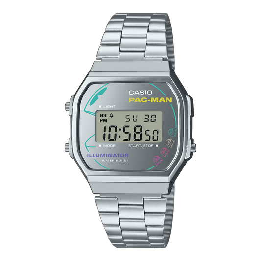 Casio Vintage PAC-MAN Collaboration A168WEPC-7A - 38.6mm Silver Stainless Steel Digital Watch, EL Backlight, PAC-MAN Graphics, Limited Edition