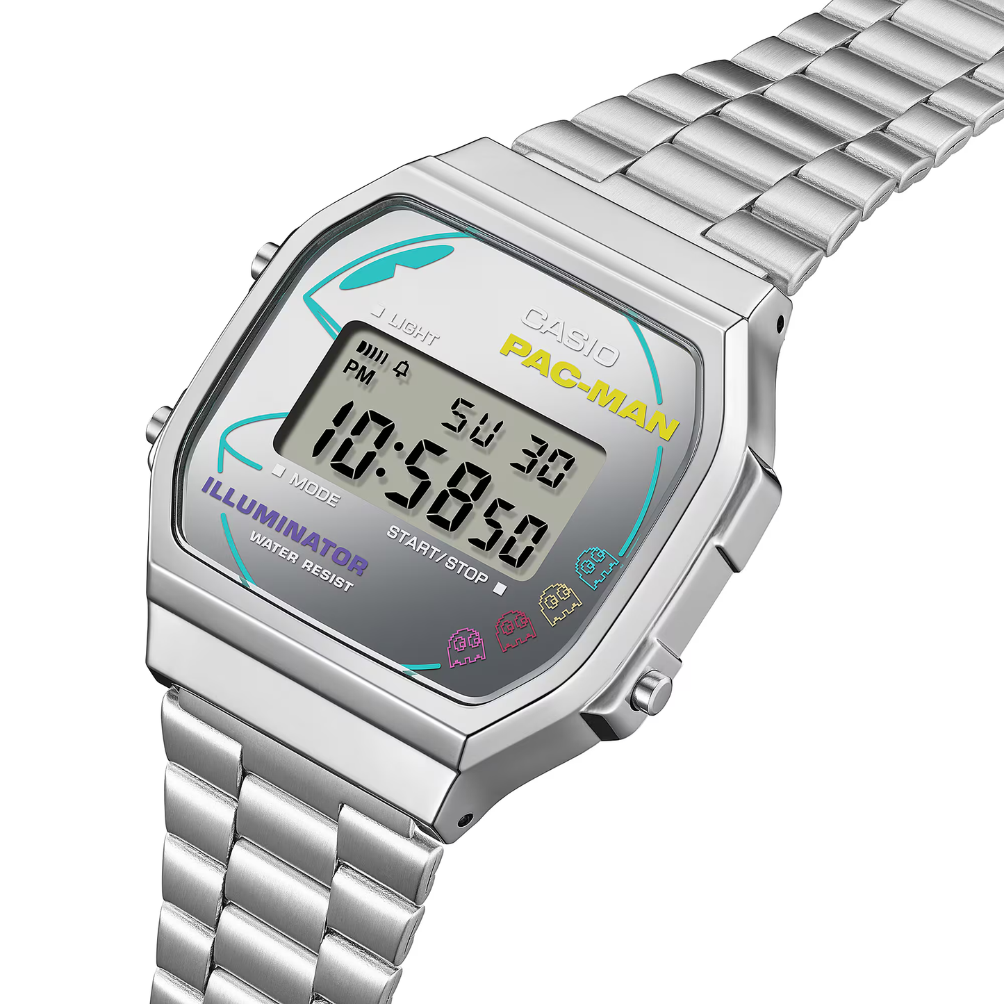 Casio Vintage PAC-MAN Collaboration A168WEPC-7A - 38.6mm Silver Stainless Steel Digital Watch, EL Backlight, PAC-MAN Graphics, Limited Edition