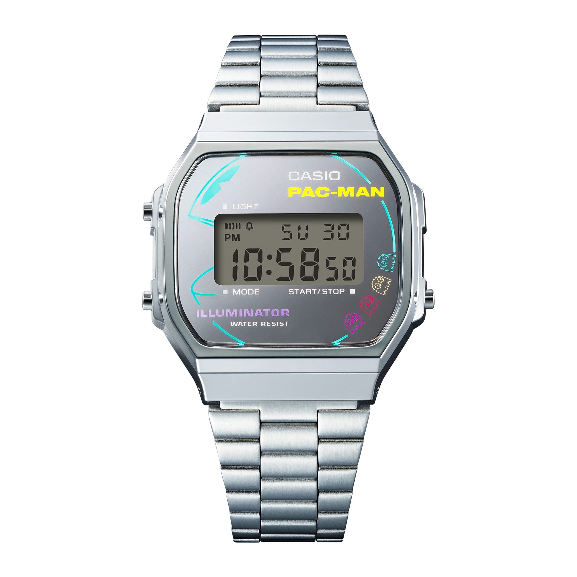 Casio Vintage PAC-MAN Collaboration A168WEPC-7A - 38.6mm Silver Stainless Steel Digital Watch, EL Backlight, PAC-MAN Graphics, Limited Edition