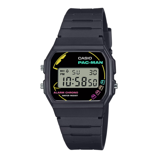 Casio Standard F91WPC-1A - 38.2mm PAC-MAN Collaboration Digital Watch, Black Resin Case, Bio-Based Band, LED Light, 7-Year Battery