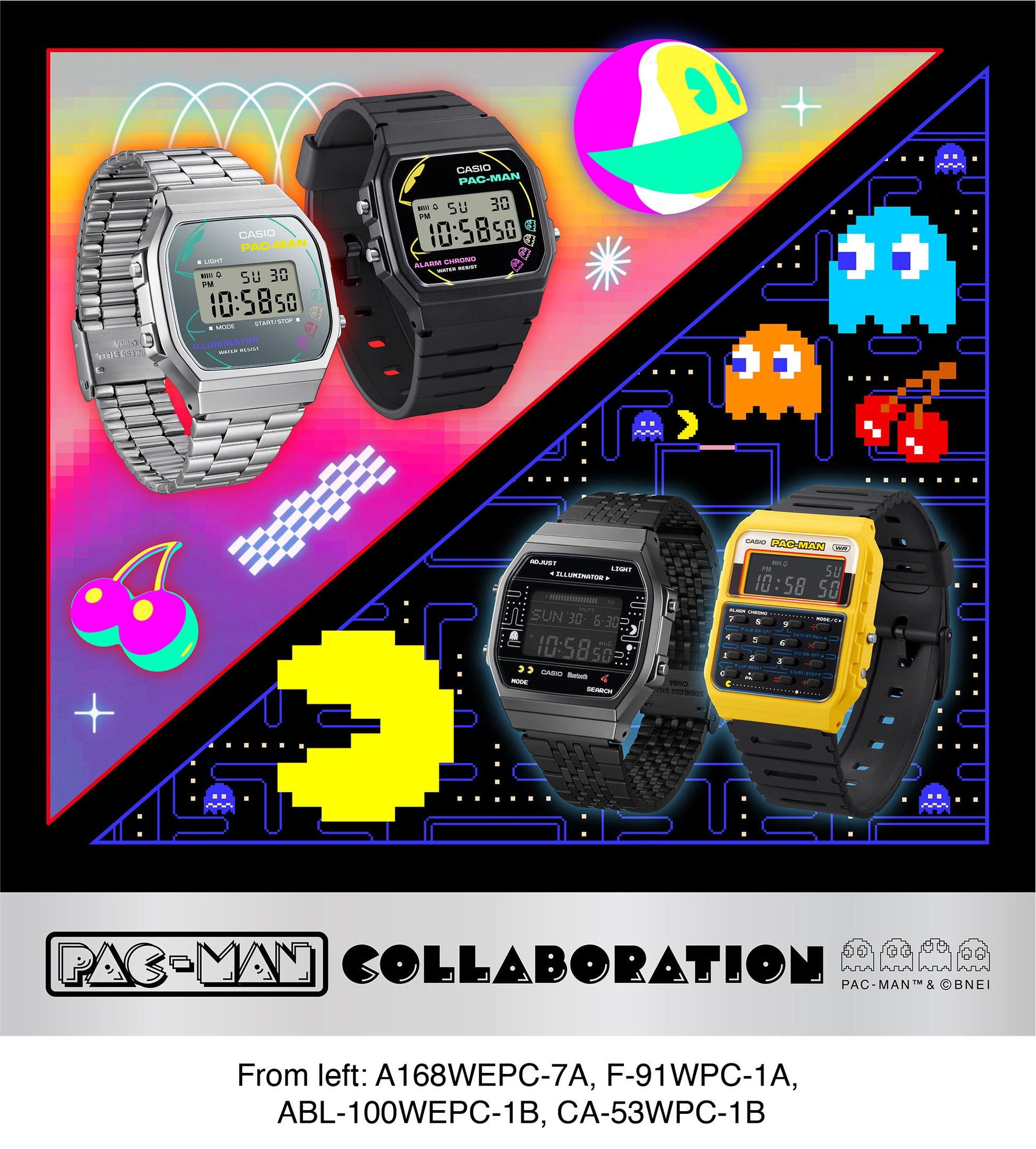 Casio Standard F91WPC-1A - 38.2mm PAC-MAN Collaboration Digital Watch, Black Resin Case, Bio-Based Band, LED Light, 7-Year Battery