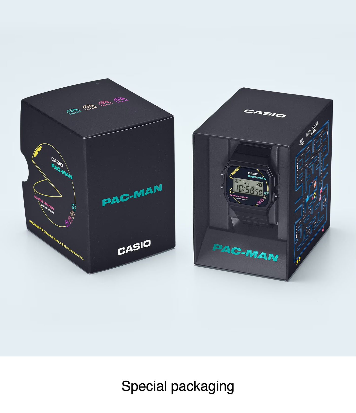 Casio Standard F91WPC-1A - 38.2mm PAC-MAN Collaboration Digital Watch, Black Resin Case, Bio-Based Band, LED Light, 7-Year Battery
