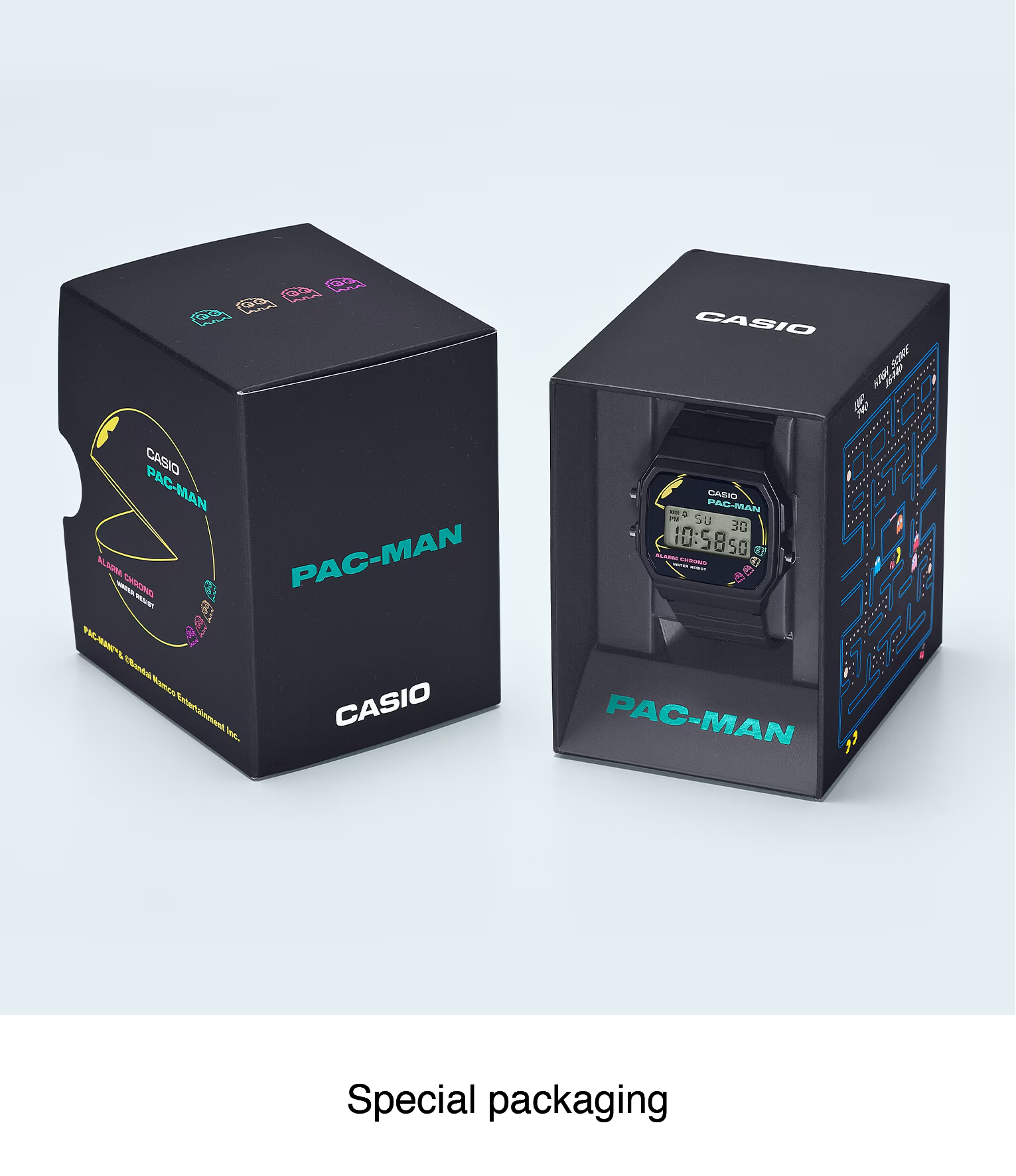 Casio Standard F91WPC-1A - 38.2mm PAC-MAN Collaboration Digital Watch, Black Resin Case, Bio-Based Band, LED Light, 7-Year Battery