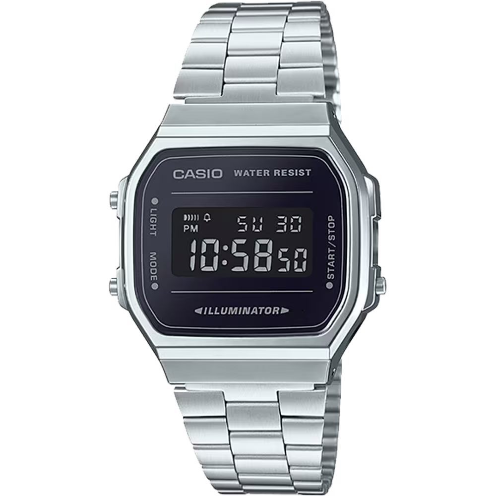 Casio Vintage A168WEM-1VT digital watch with a mirror-finish dial, stainless steel adjustable band, slim 9.6 mm profile, lightweight 49 g build, chrome-plated resin case, mineral glass, EL blue-green backlight, 1/100-second stopwatch, daily alarm, hourly signal, auto-calendar, and long-lasting 7-year CR2016 battery.