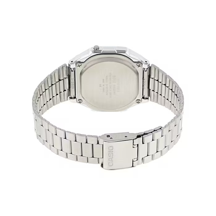 Silver Casio watch on a white background