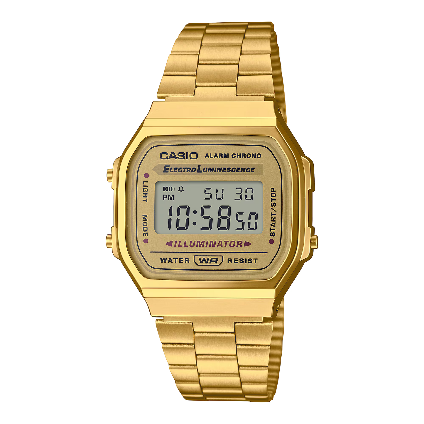 Casio Vintage A168WG-9VT digital gold-tone watch featuring a square retro case, stainless steel gold band (145–205 mm), resin glass, slim 9.6 mm profile, lightweight 49 g design, EL blue-green backlight, 1/100-second stopwatch, daily alarm, hourly signal, auto-calendar, water-resistant construction, and 7-year CR2016 battery.