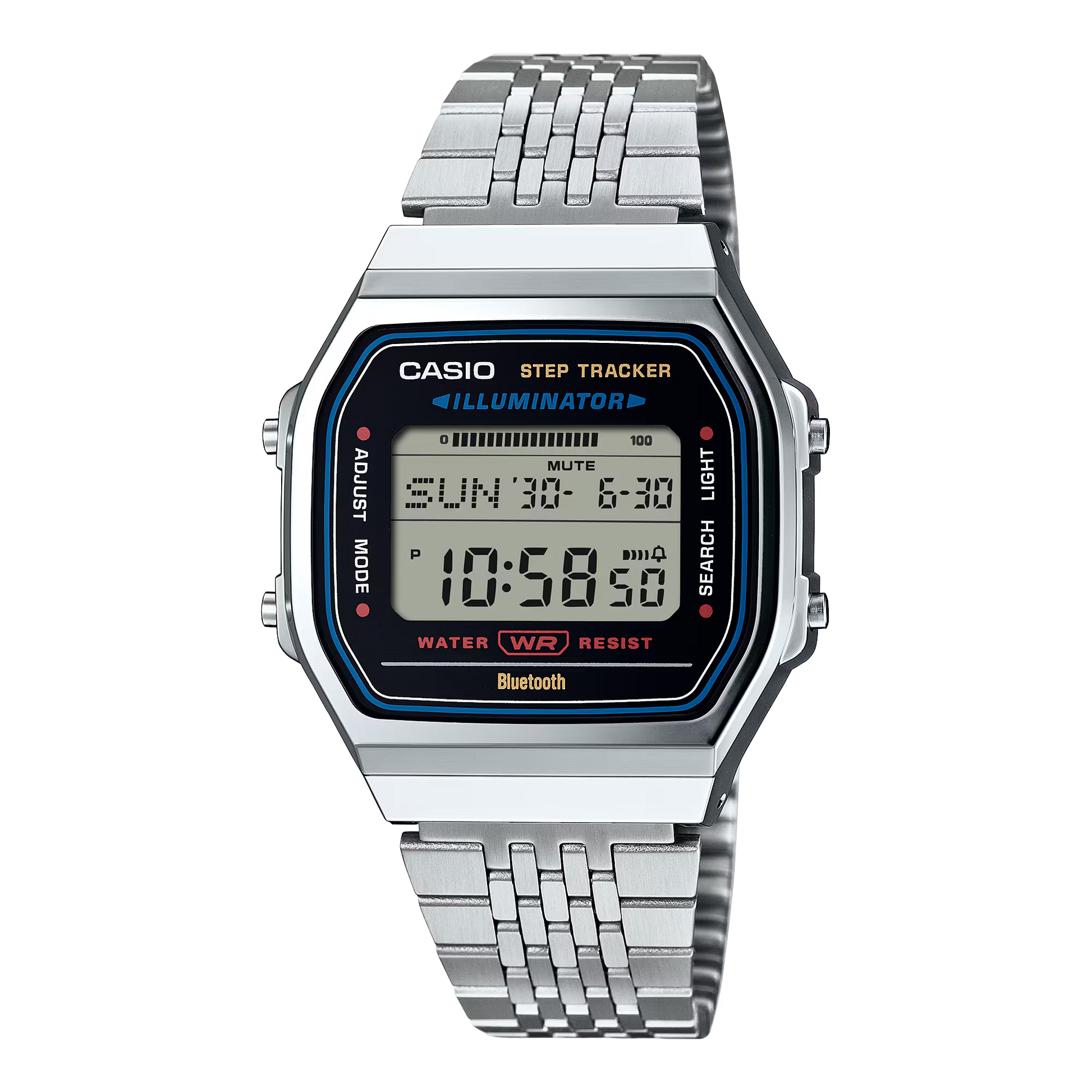 Casio Vintage ABL100WE-1AVT digital watch with stainless steel bracelet, retro square case, Bluetooth smartphone link, built-in step counter, LED amber backlight, dual time, stopwatch with 200-record memory, 5 daily alarms, countdown timer, full auto-calendar to 2099, power-saving mode, and water-resistant design.