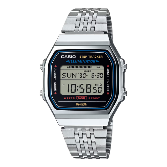 Casio Vintage ABL100WE-1AVT digital watch with stainless steel bracelet, retro square case, Bluetooth smartphone link, built-in step counter, LED amber backlight, dual time, stopwatch with 200-record memory, 5 daily alarms, countdown timer, full auto-calendar to 2099, power-saving mode, and water-resistant design.