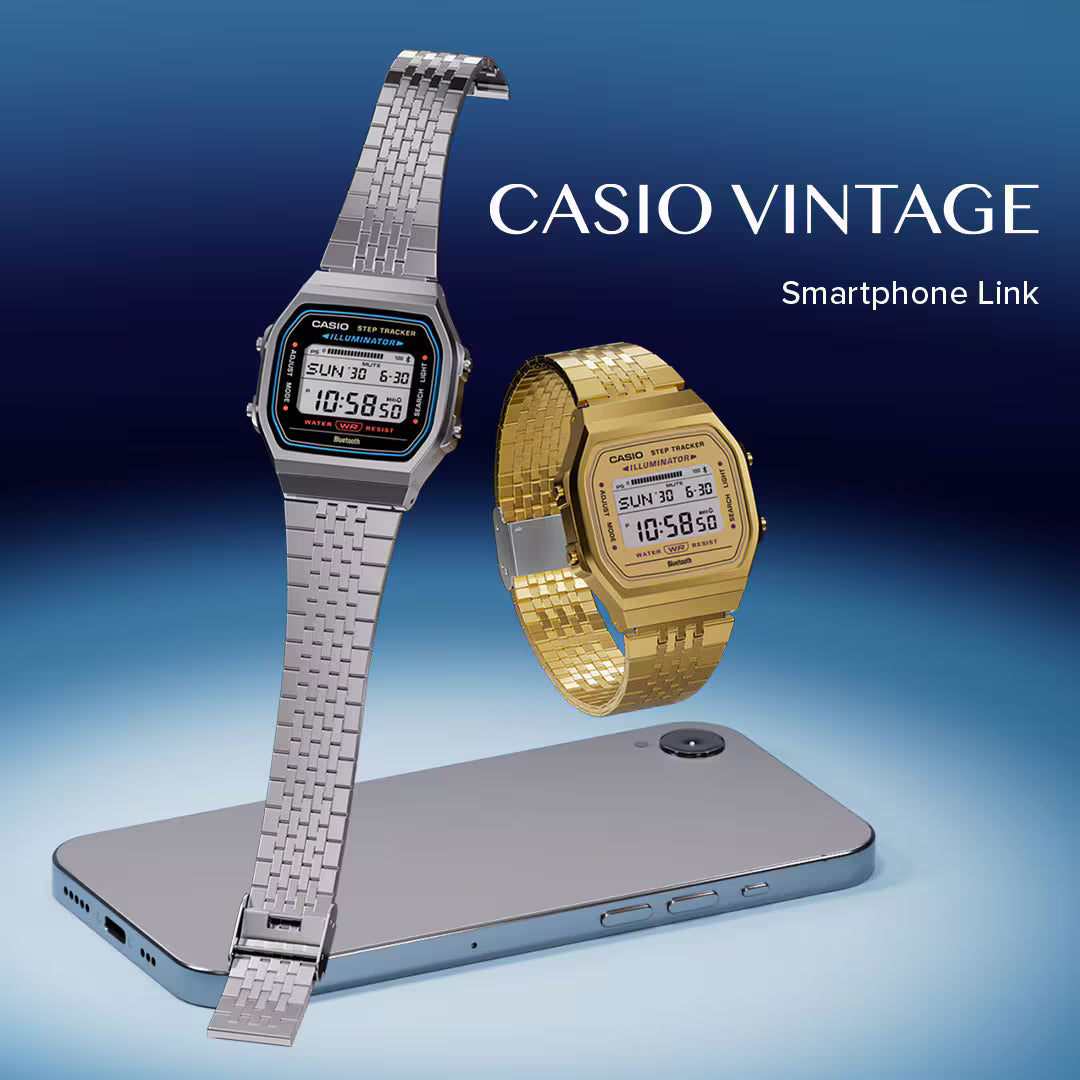 Two Casio vintage digital watches, one silver and one gold, on a blue background with 'Casio Vintage' text.