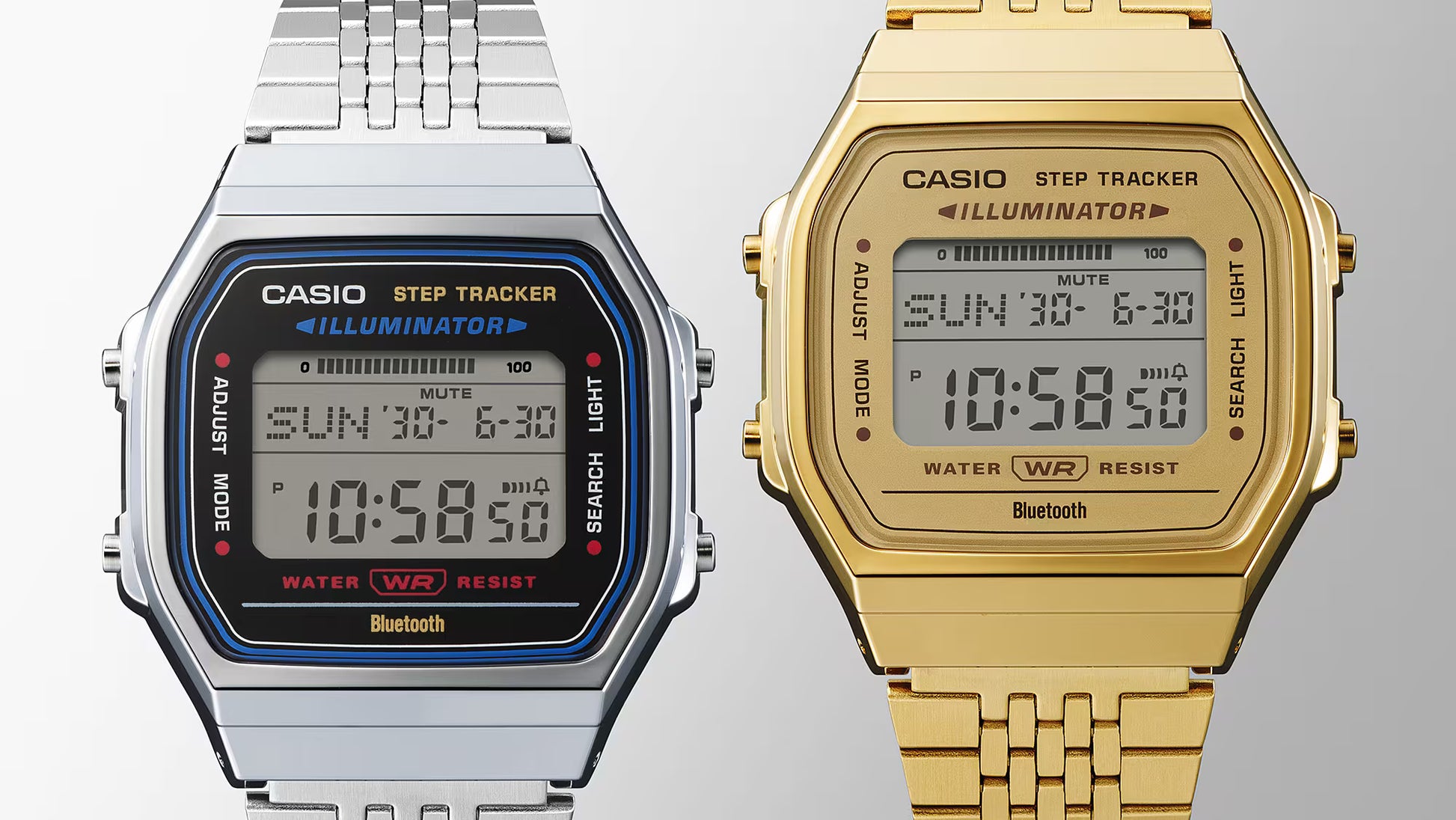 Two Casio digital watches, one silver and one gold, on a light gray background.