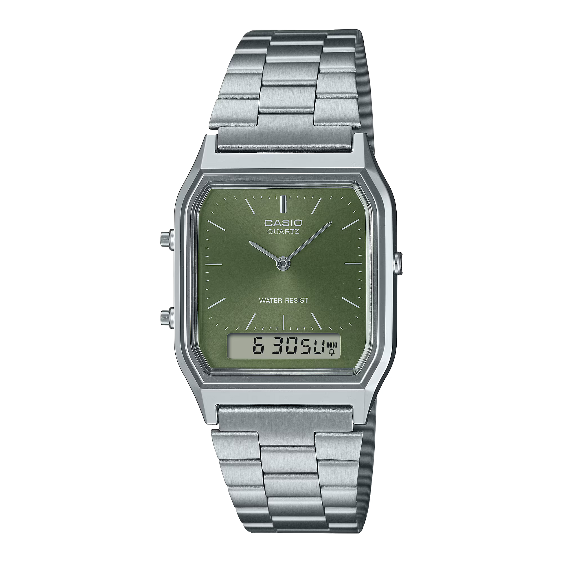 Casio Vintage AQ230A-3A analog-digital silver-tone watch featuring a green sunray dial, chrome-plated bezel, resin case, stainless steel adjustable band, dual time display, stopwatch, daily alarm, and water resistance. Ultra-slim 8.1 mm profile, 47 g weight, powered by SR920W battery with 3-year life.