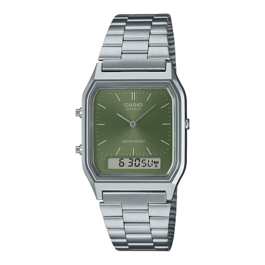 Casio Vintage AQ230A-3A analog-digital silver-tone watch featuring a green sunray dial, chrome-plated bezel, resin case, stainless steel adjustable band, dual time display, stopwatch, daily alarm, and water resistance. Ultra-slim 8.1 mm profile, 47 g weight, powered by SR920W battery with 3-year life.