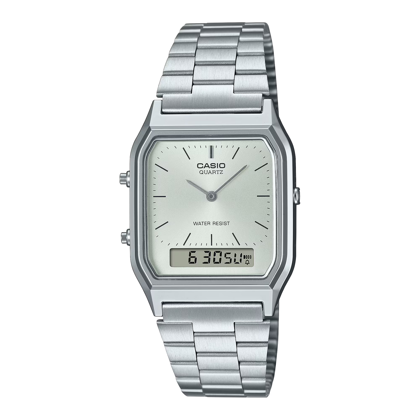 Casio Vintage AQ230A-7AVT analog-digital silver-tone watch with sunburst silver dial, chrome-plated bezel, slim 8.1 mm case, lightweight 47 g body, stainless steel adjustable band (140–205 mm), dual time display, 1/100-second stopwatch, daily alarm, auto-calendar, and water-resistant construction.