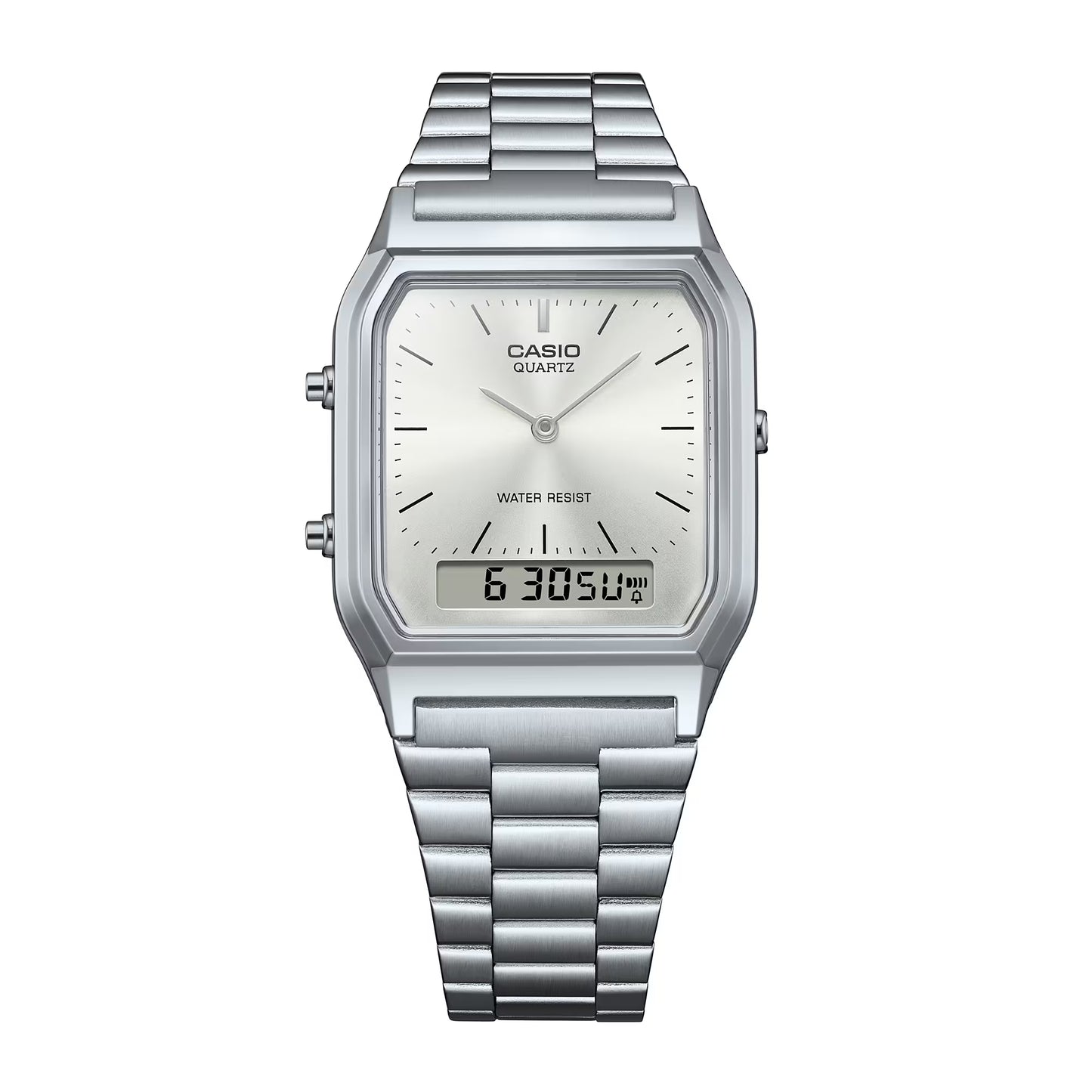 Silver Casio watch with digital display on a white background