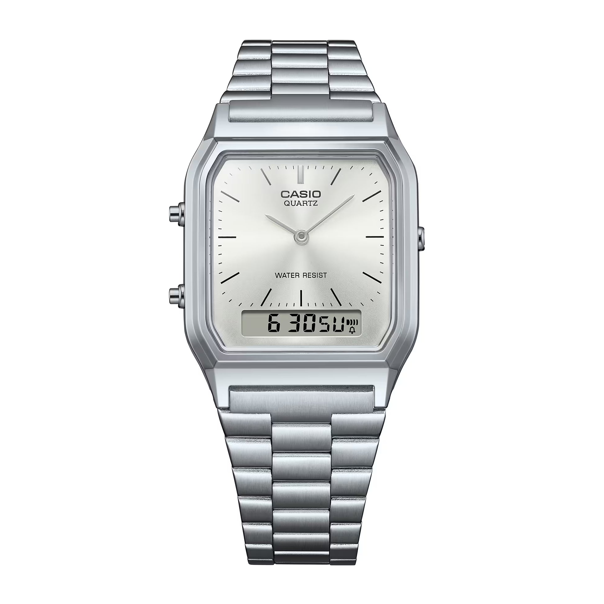Silver Casio watch with digital display on a white background