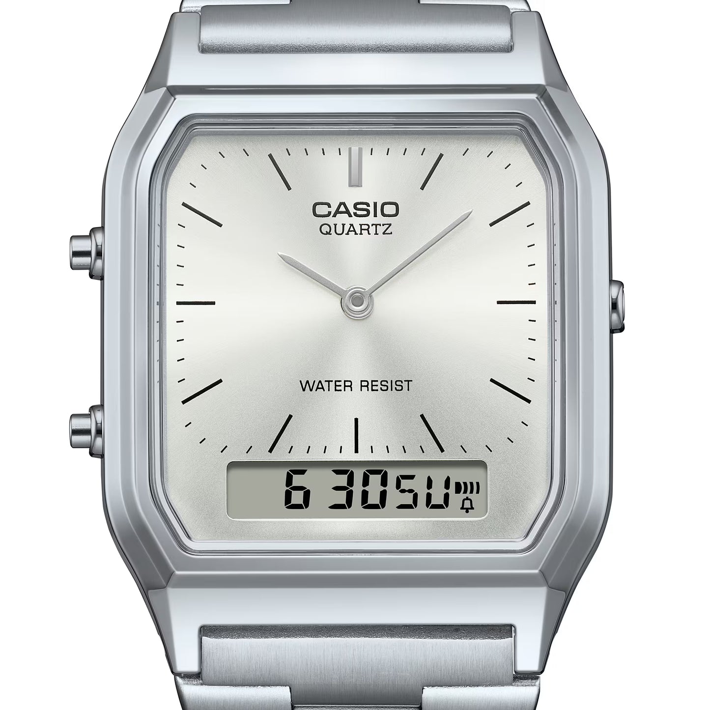 Silver Casio watch with digital display on a white background