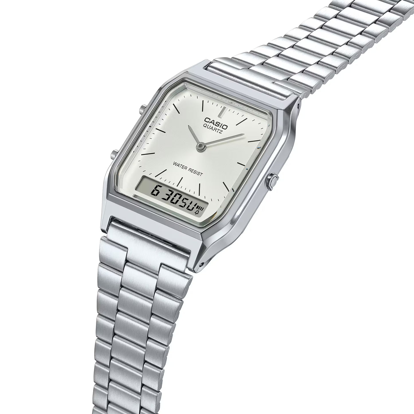 Silver Casio watch with digital display on a white background