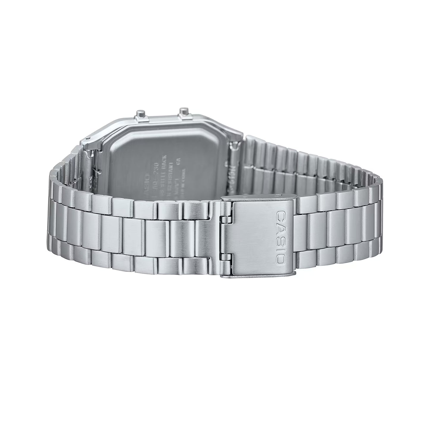 Silver Casio watch with metal band on a white background