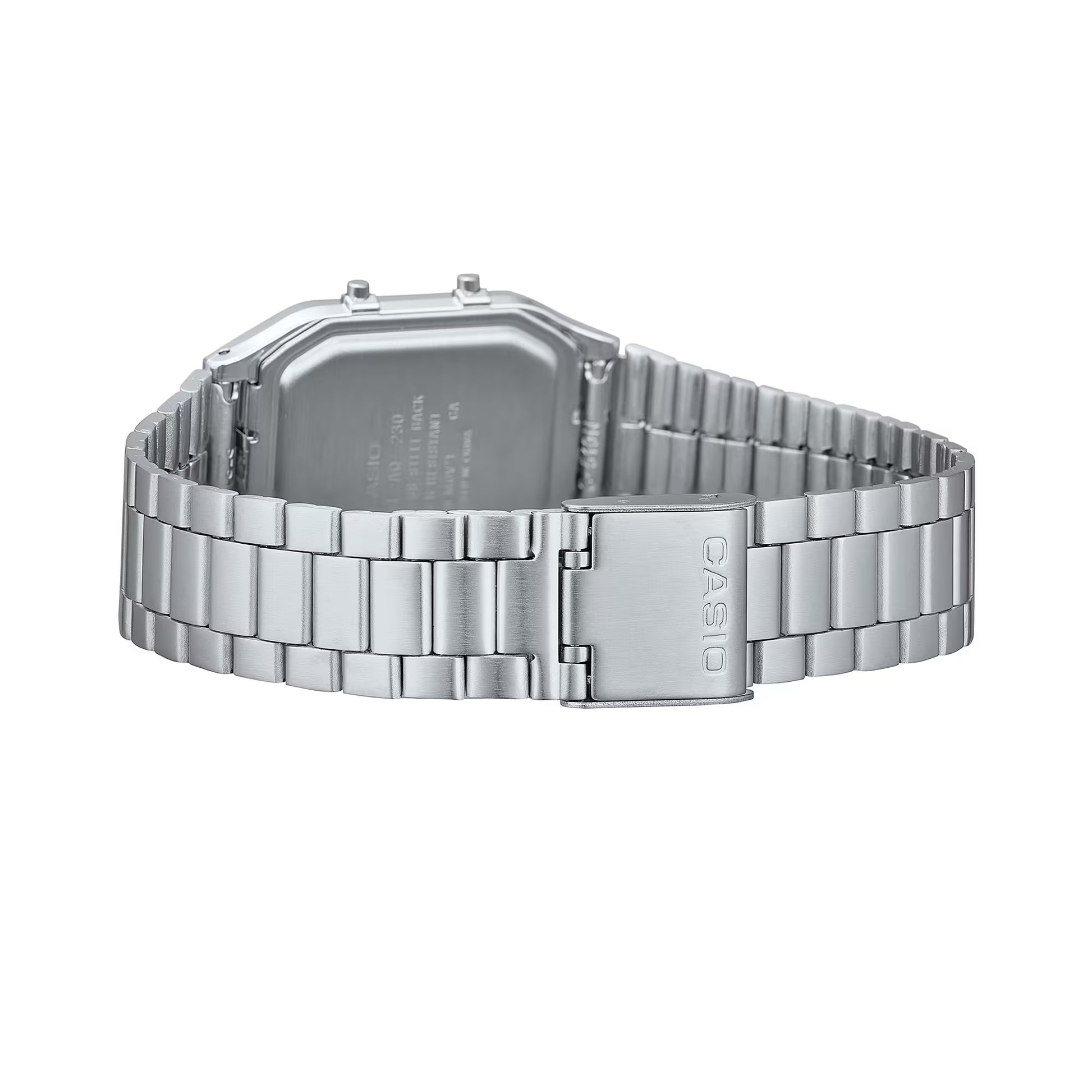Silver Casio watch with metal band on a white background