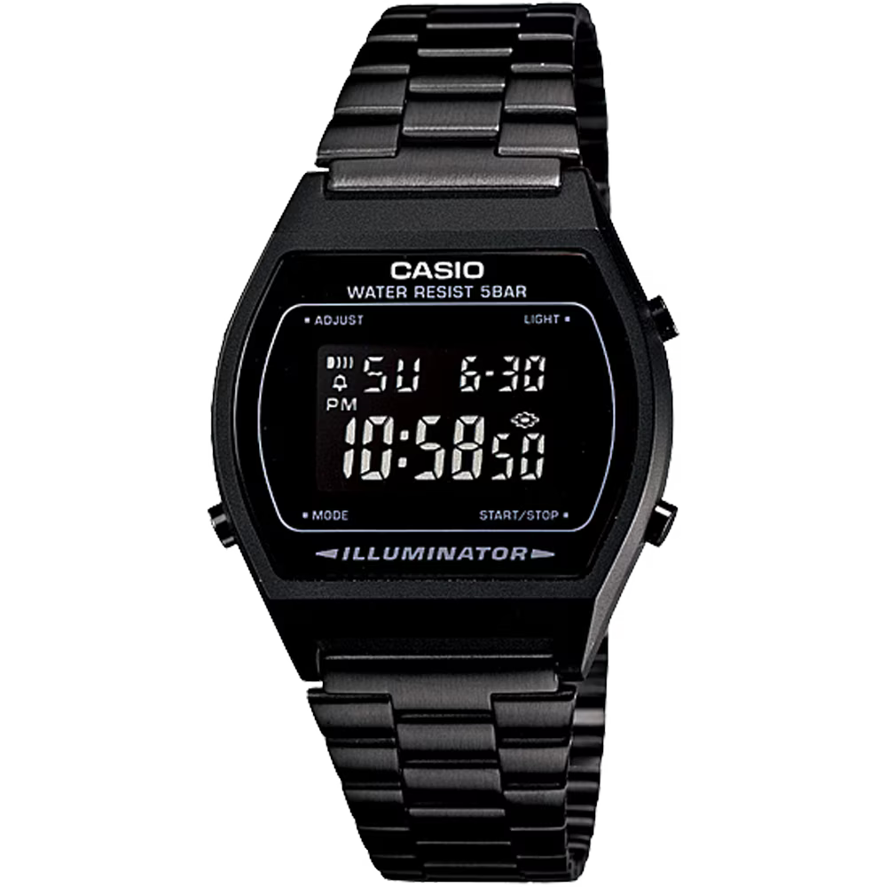 Casio Vintage B640WB-1BVT digital watch with an all-black design featuring black ion plated stainless steel band, matte-black resin case, LED amber backlight with afterglow, 1/100-second stopwatch, 24-hour countdown timer, flash alert, 50-meter water resistance, auto-calendar to 2039, and lightweight 49 g construction.