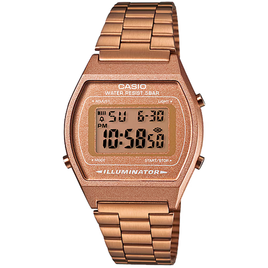 Casio Vintage B640WC-5AVT digital watch with a slim rectangular retro design, partial ion-plated stainless steel band, amber LED backlight, and classic Casio Vintage styling.