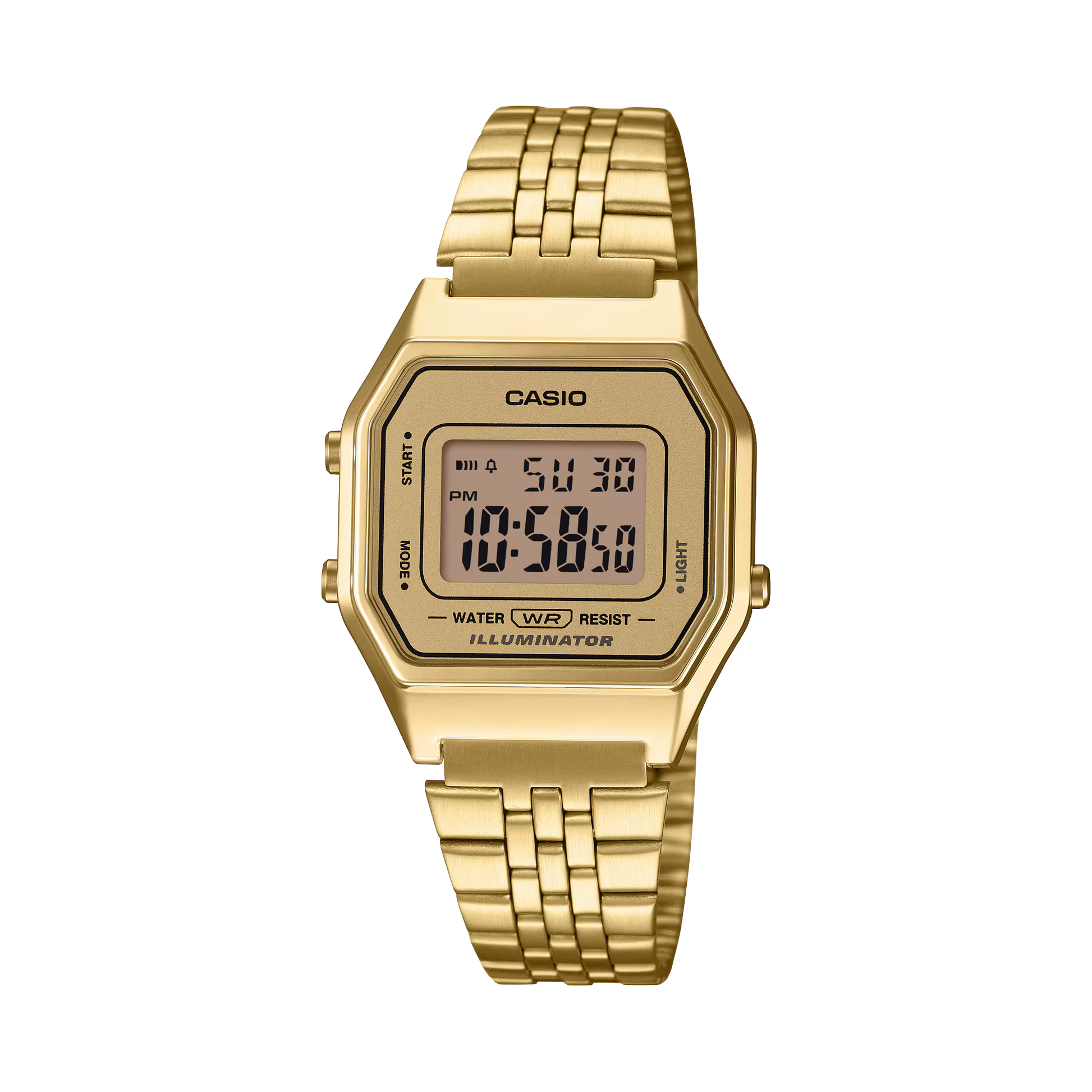 Casio Vintage LA680WGA-9VT digital watch with a classic gold-tone finish, compact rectangular case, stainless steel band, and retro Casio design