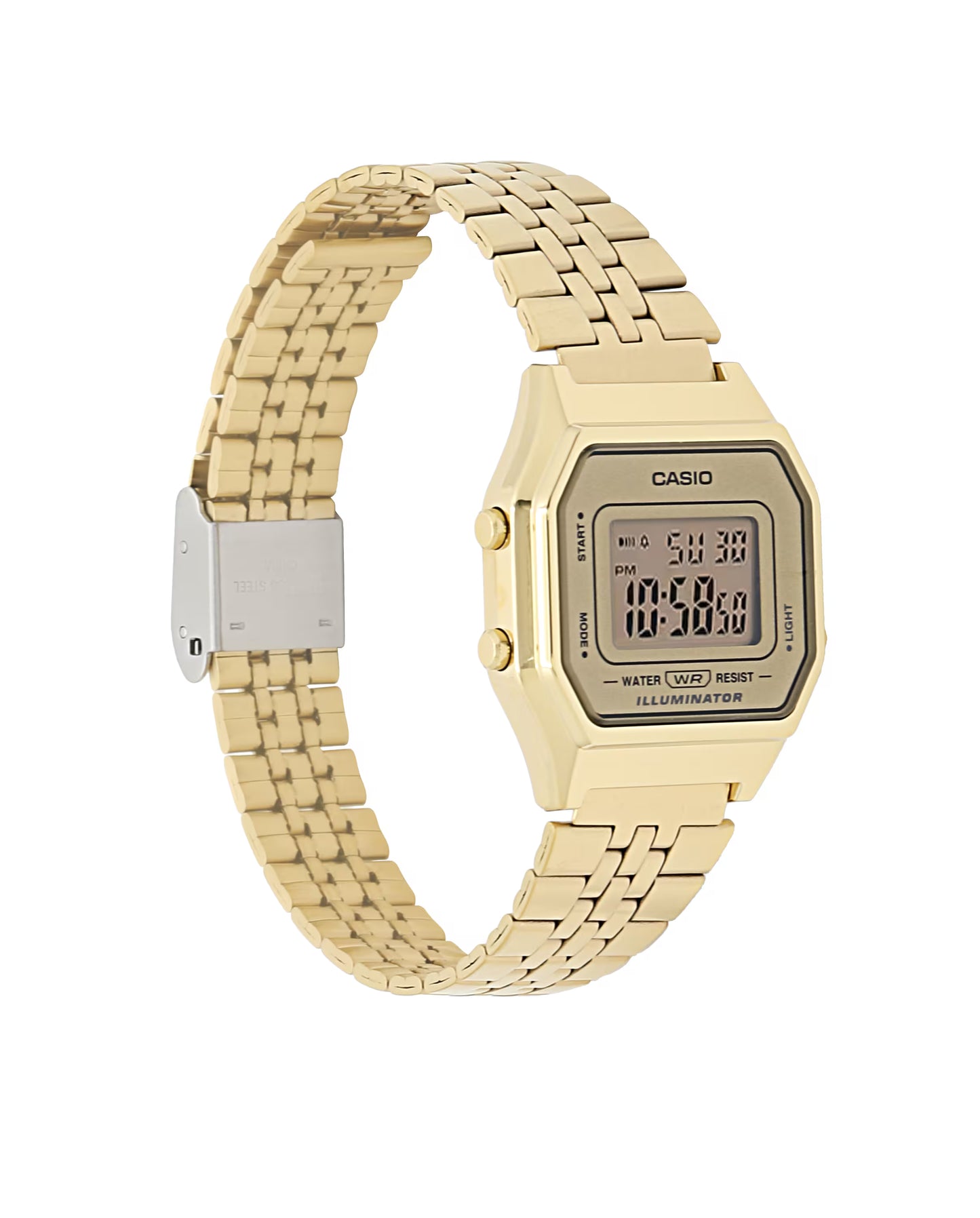 Casio digital watch with beige metal strap on a white background