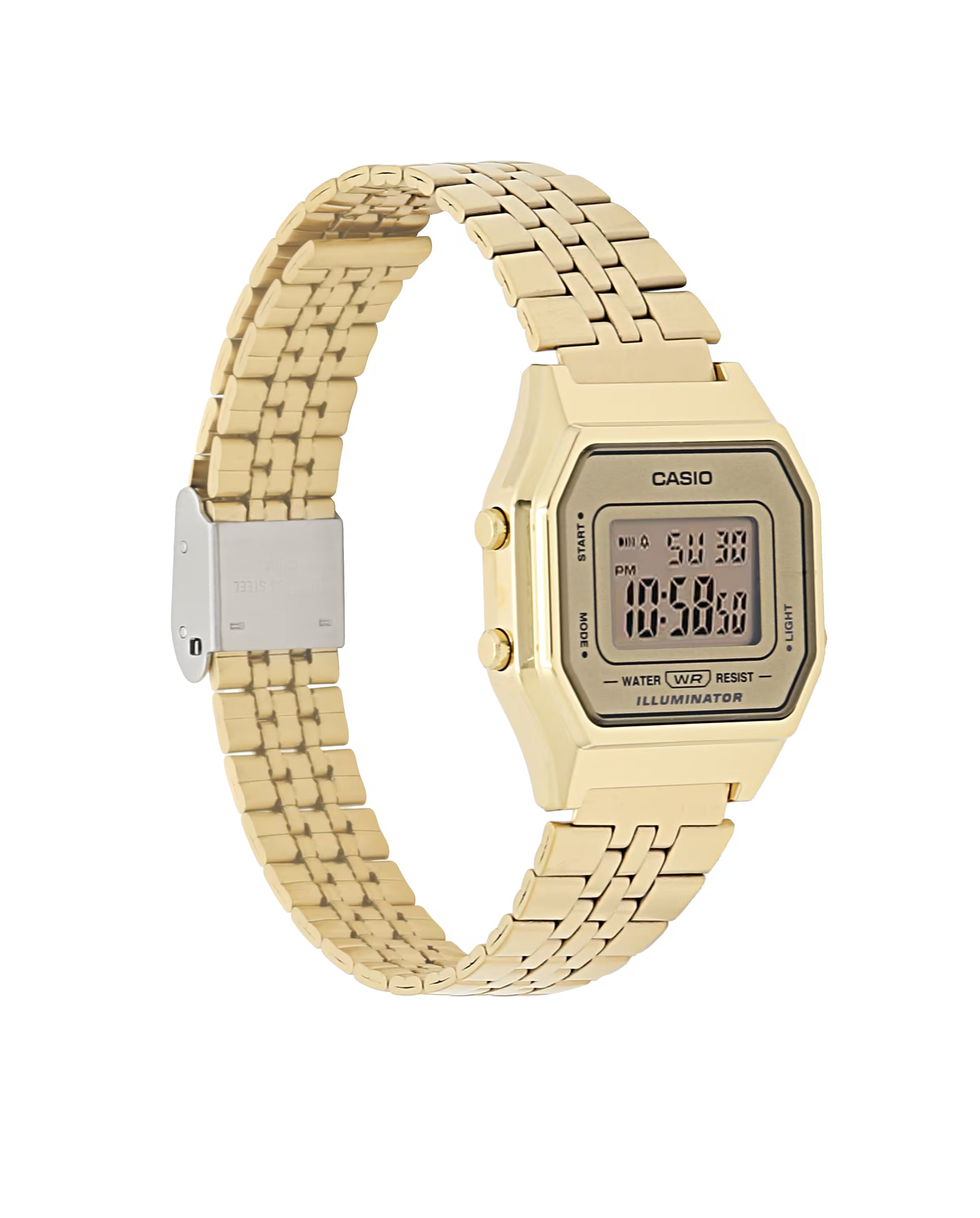 Casio digital watch with beige metal strap on a white background