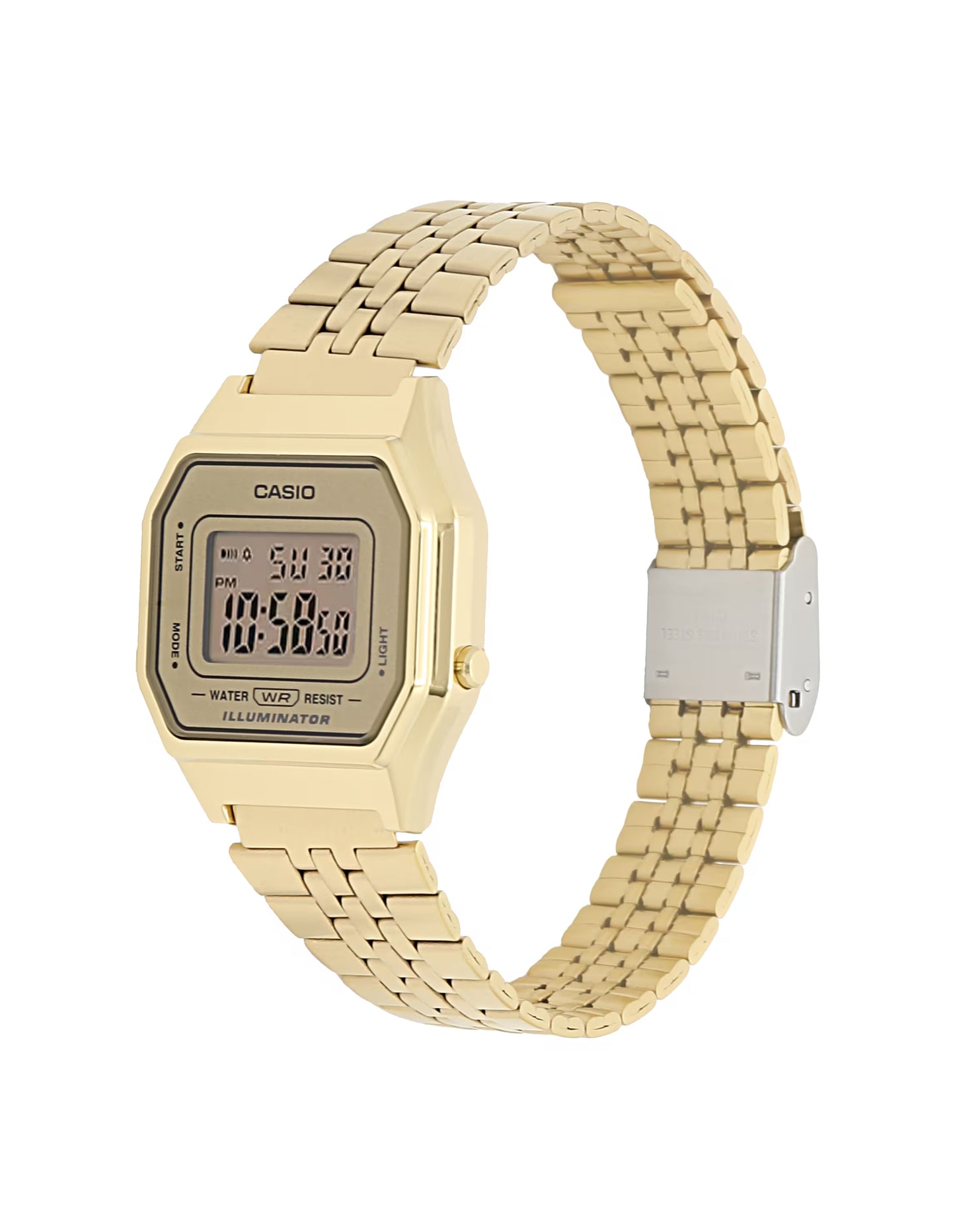 Gold Casio digital watch on a white background