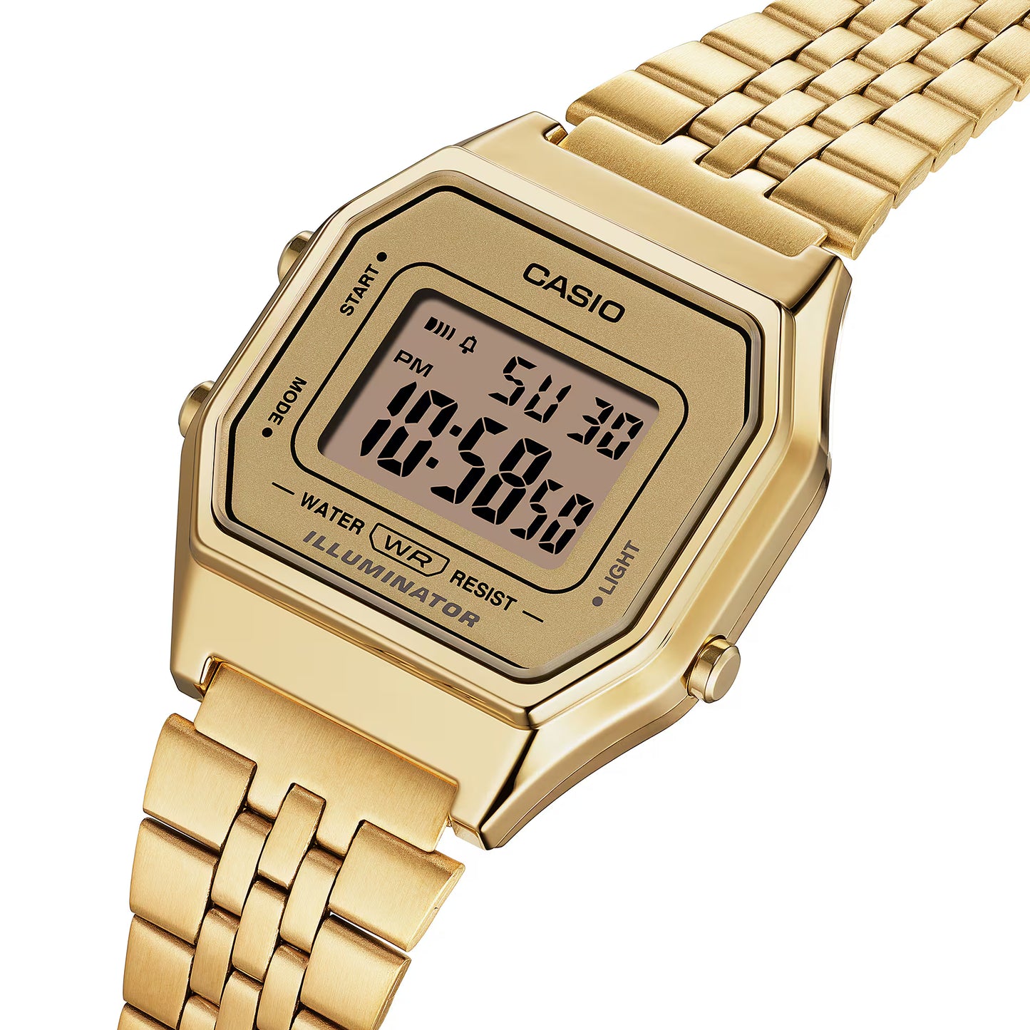Gold Casio digital watch on a white background