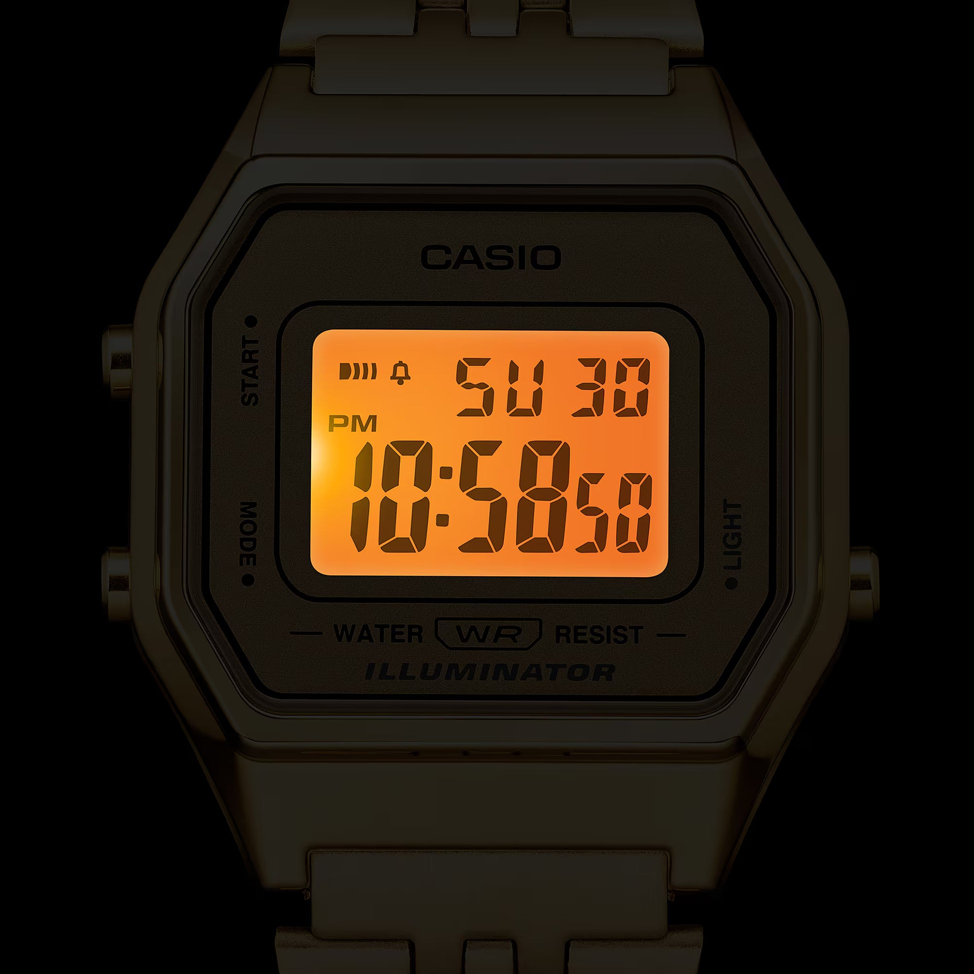 Casio digital watch with orange display on a black background
